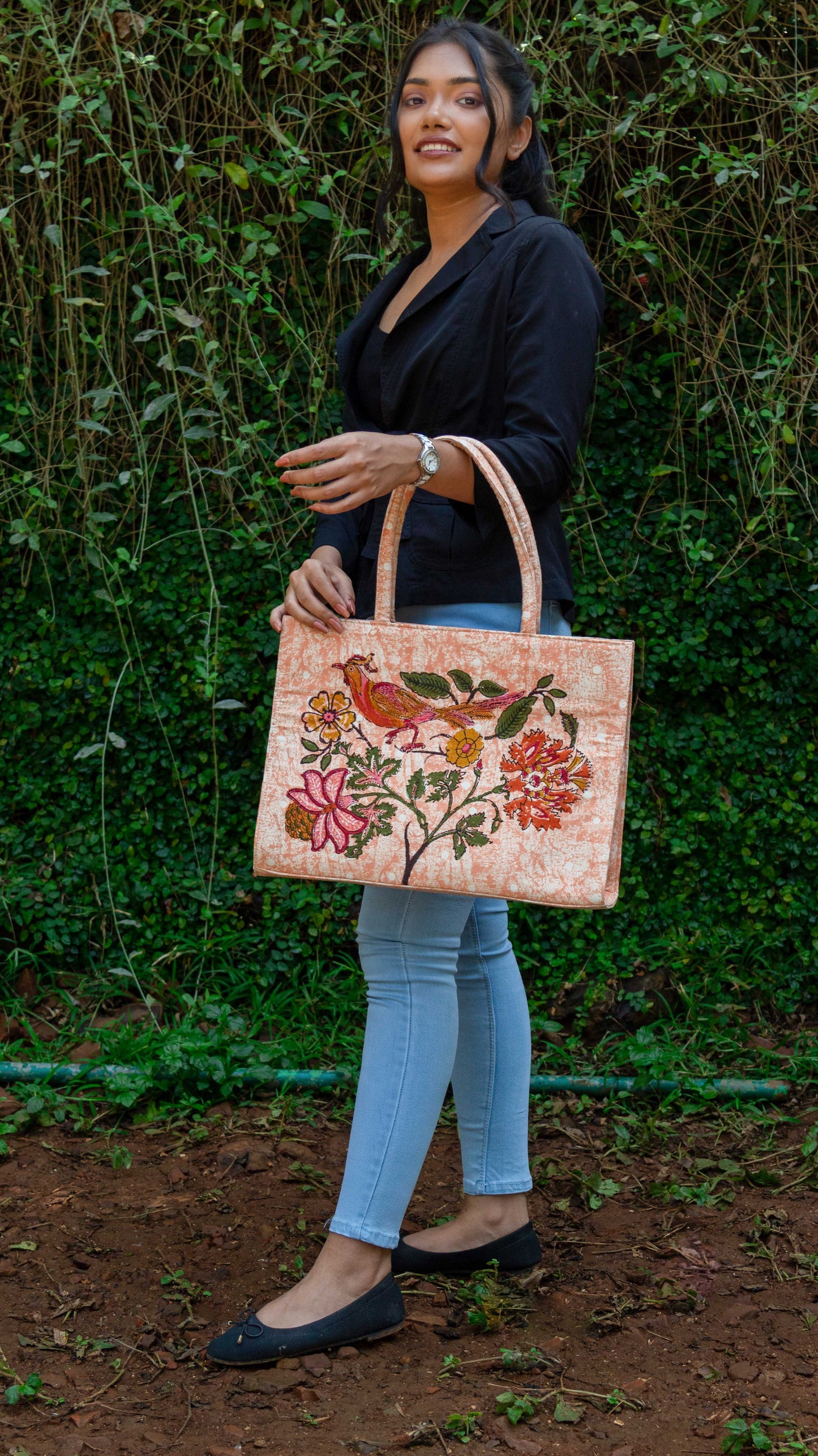 Canvas Cotton Box Tote Bag Tree of Life • Peach