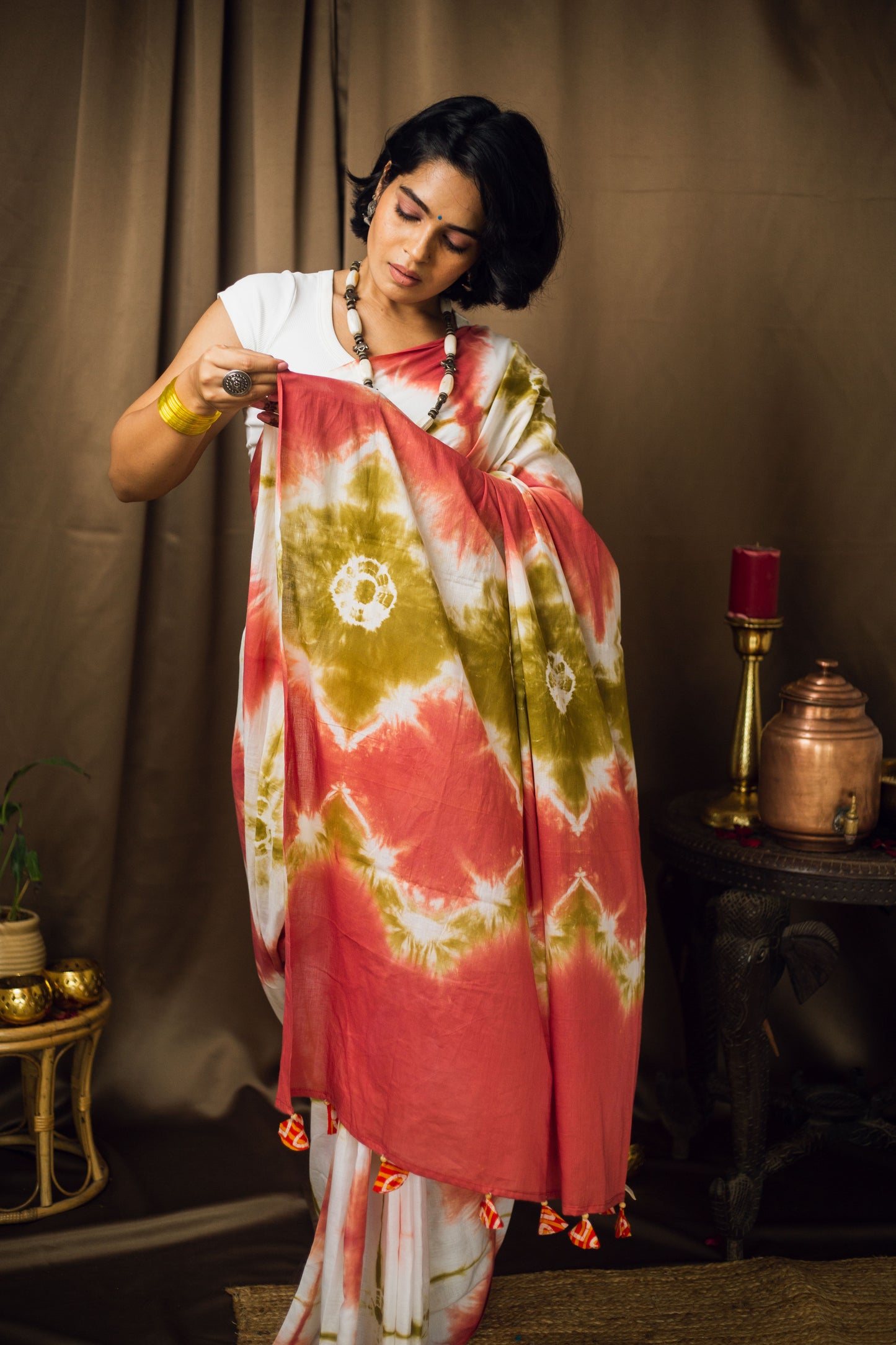 Cotton Mul Tie Dye Saree Green Earth