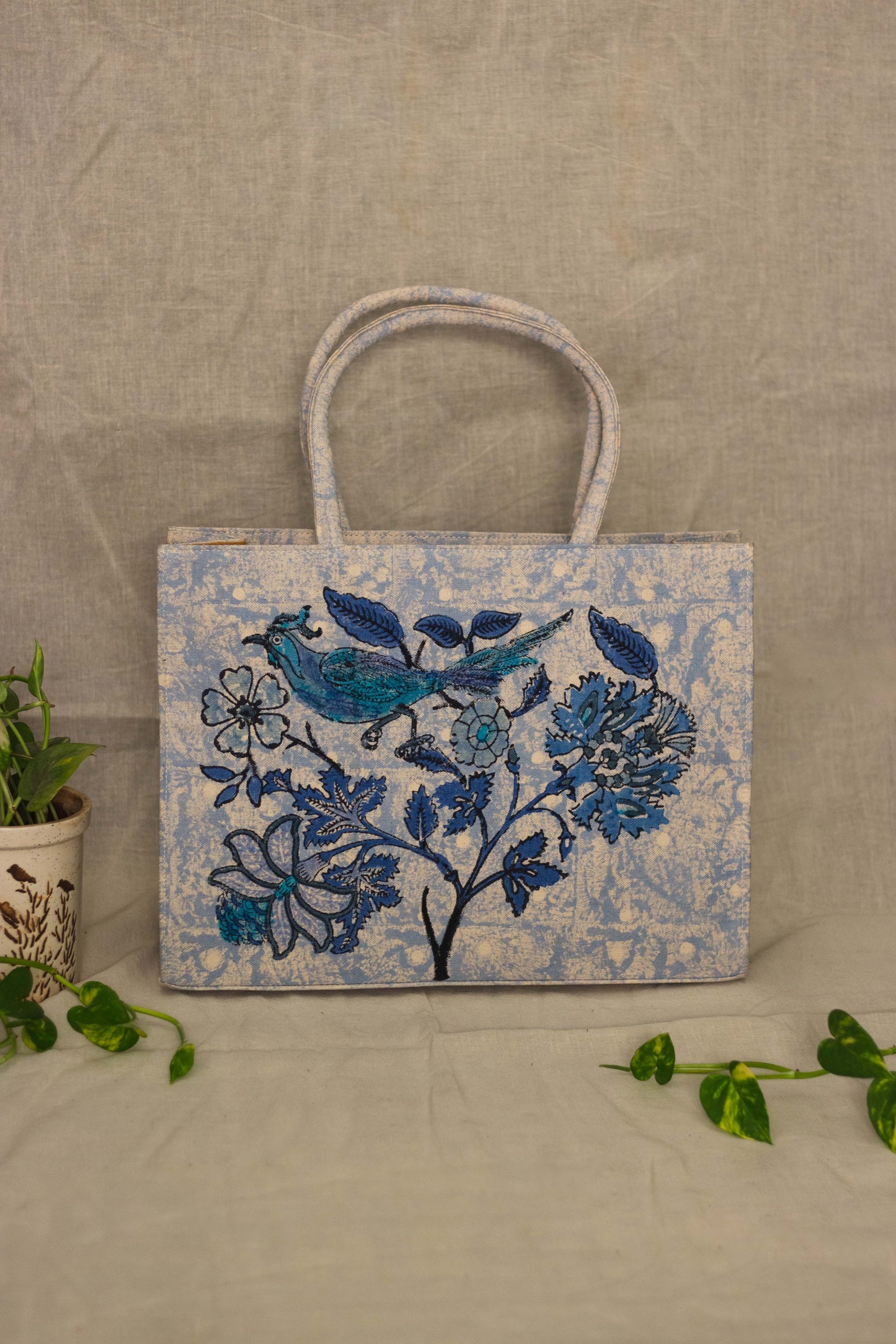 Canvas Cotton Box Tote Bag Tree of Life • Blue