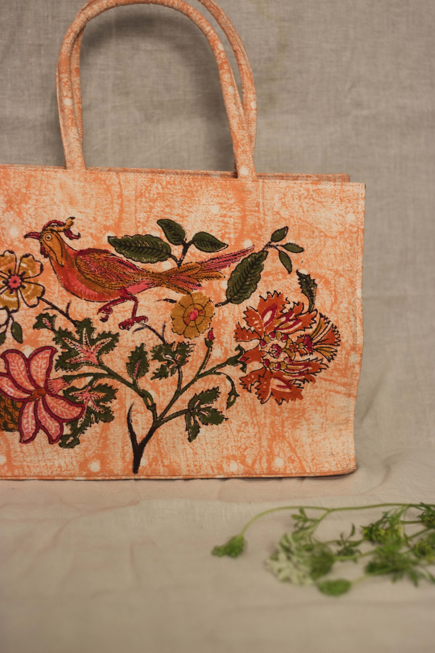 Canvas Cotton Box Tote Bag Tree of Life • Peach