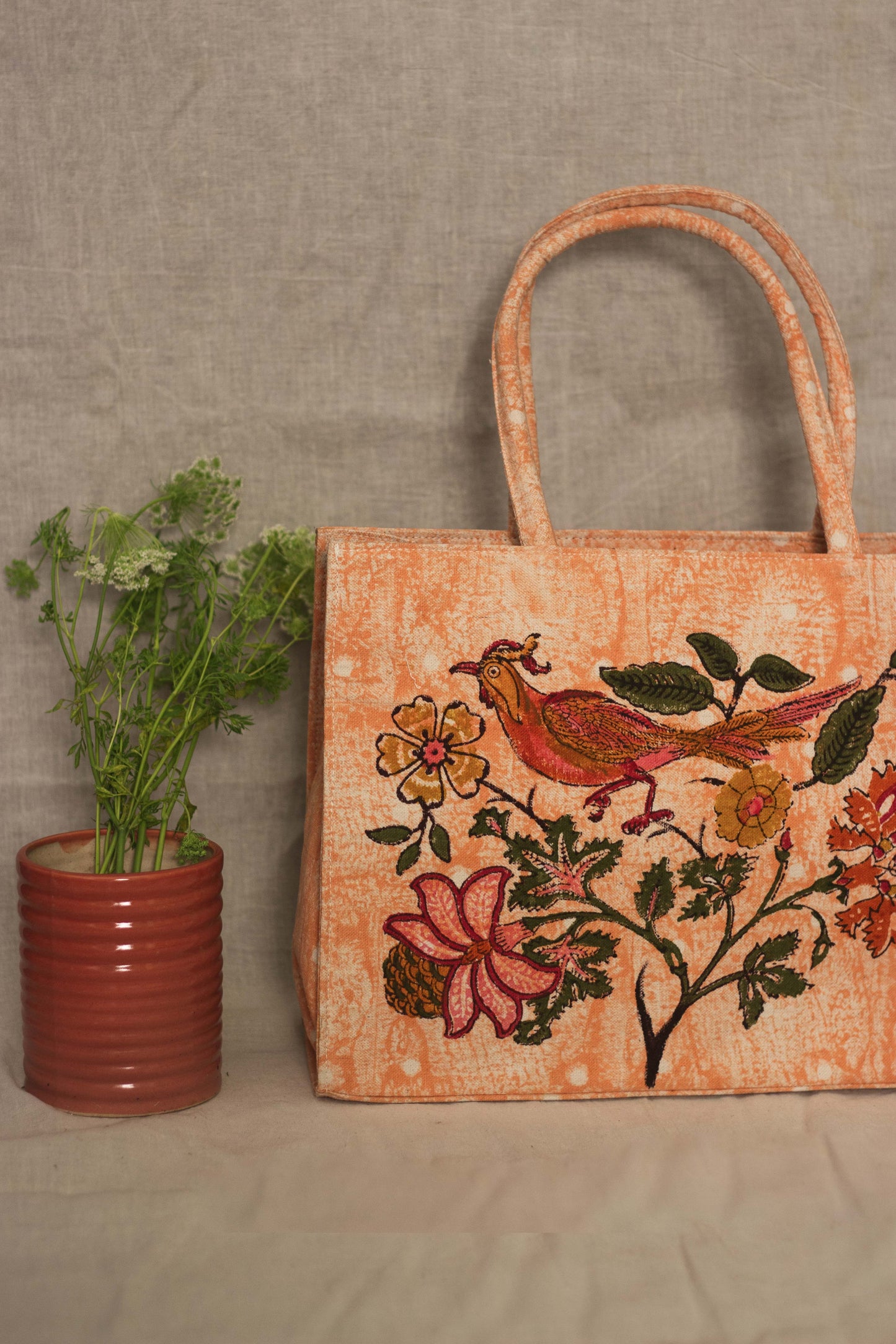 Canvas Cotton Box Tote Bag Tree of Life • Peach