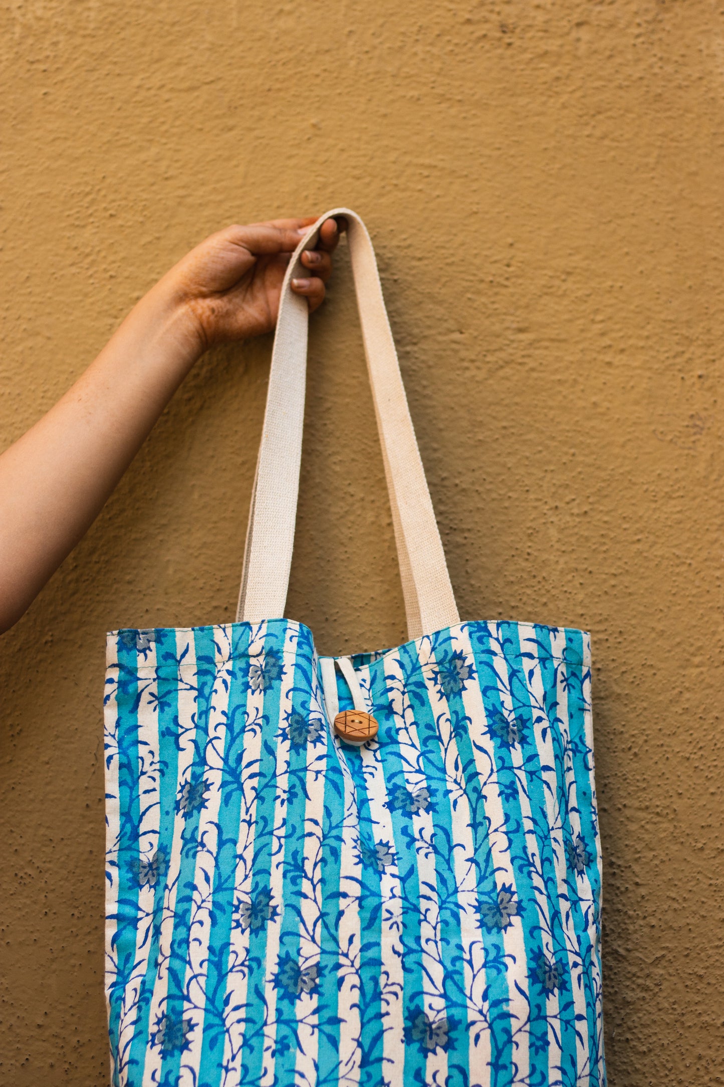 Cotton Shopping Tote Bag · Flowers With Stripes Blue