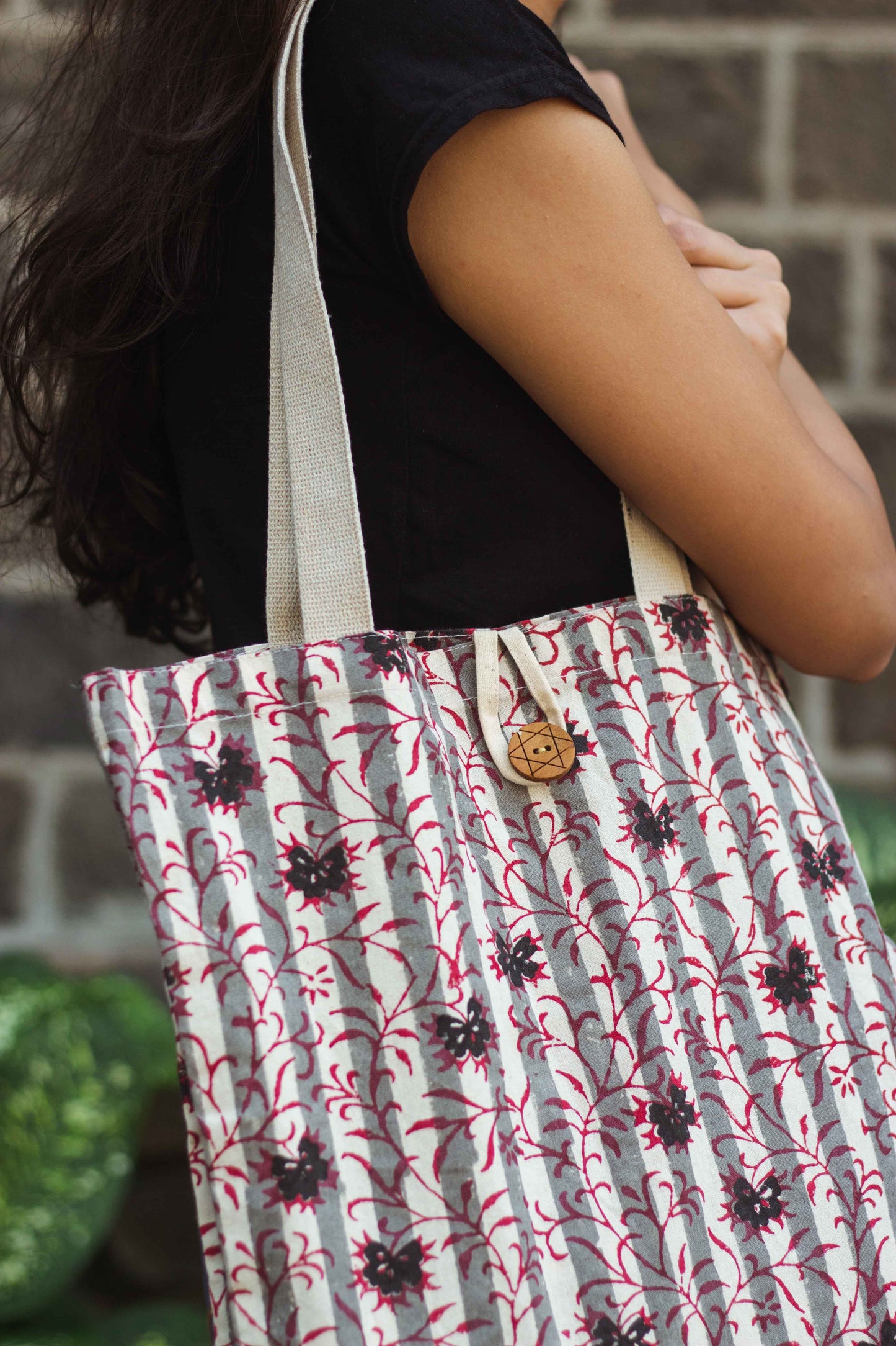 Cotton Shopping Tote Bag · Flowers With Stripes Red