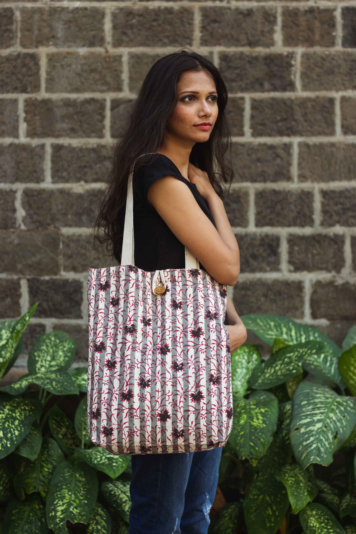 Cotton Shopping Tote Bag · Flowers With Stripes Red