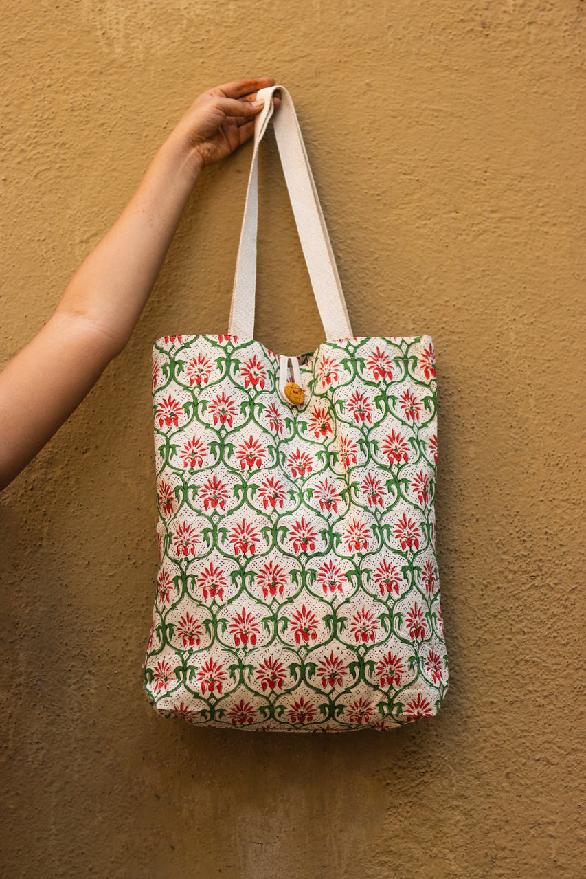 Cotton Shopping Tote Bag · Mughal Trellis Red and Green