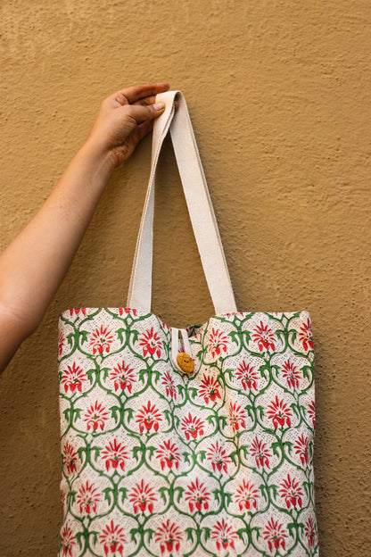 Cotton Shopping Tote Bag · Mughal Trellis Red and Green
