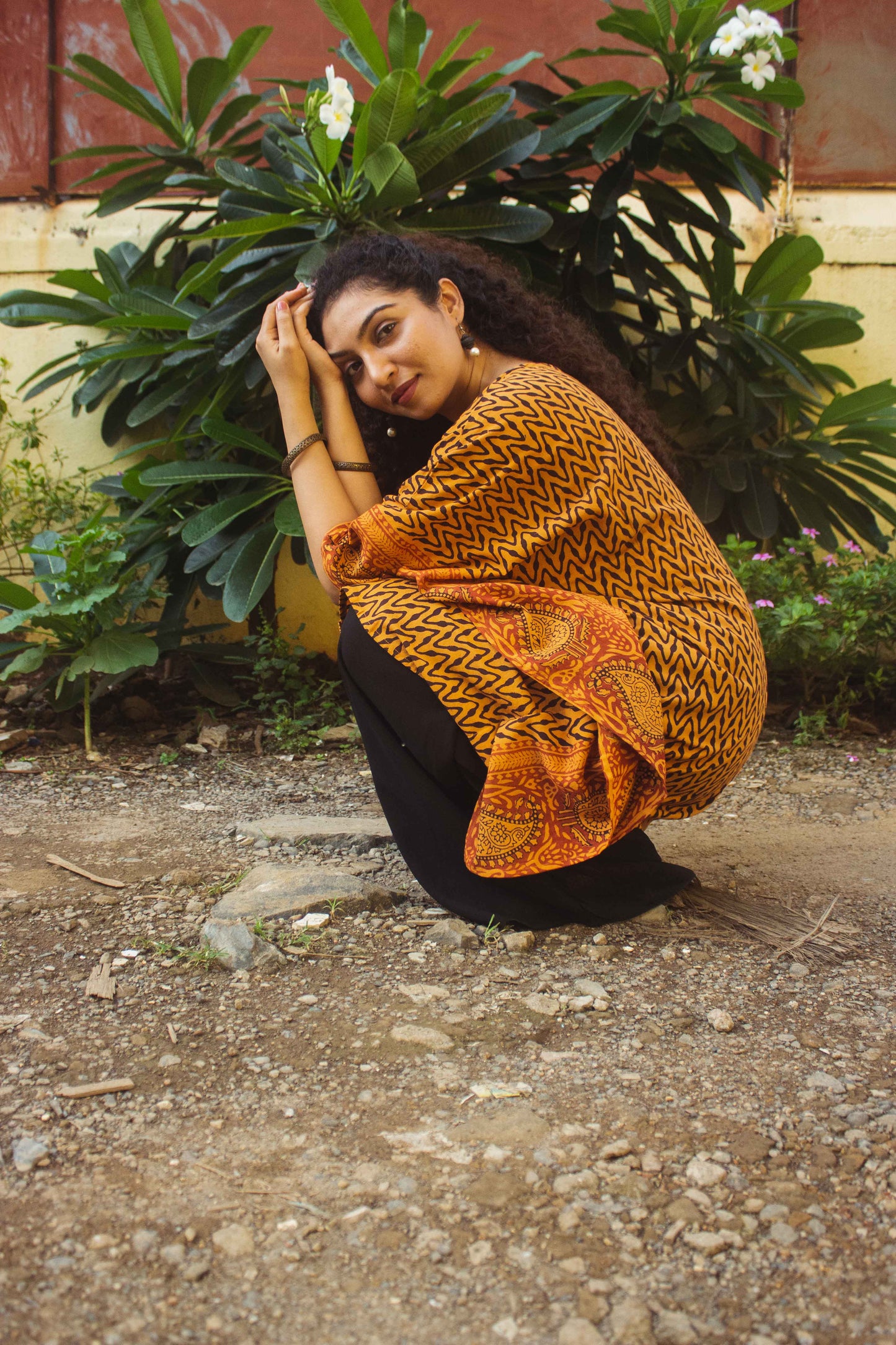 Cotton Bagh Block-Printed Kaftan Dress · Leheriya Mustard