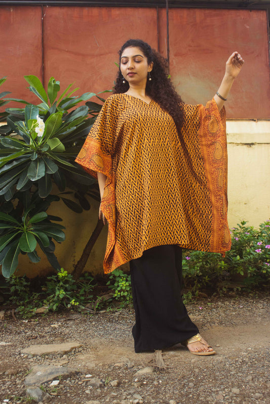 Cotton Bagh Block-Printed Kaftan Dress · Leheriya Mustard