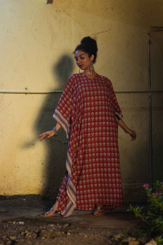 Cotton Bagh Block-Printed Long Maxi Kaftan · Palash Red
