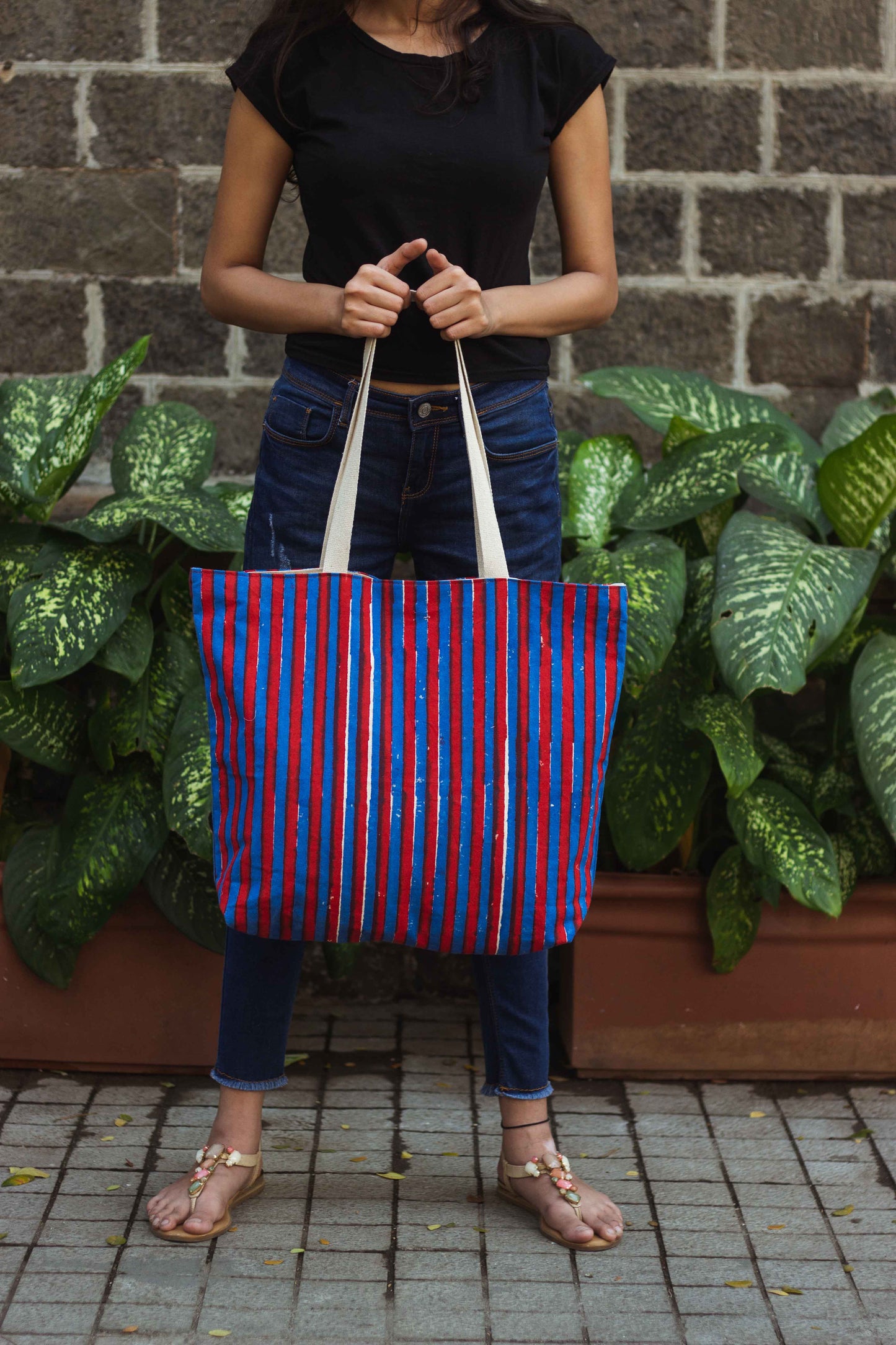 Cotton Daily Tote With Lining · Striped Red and Blue