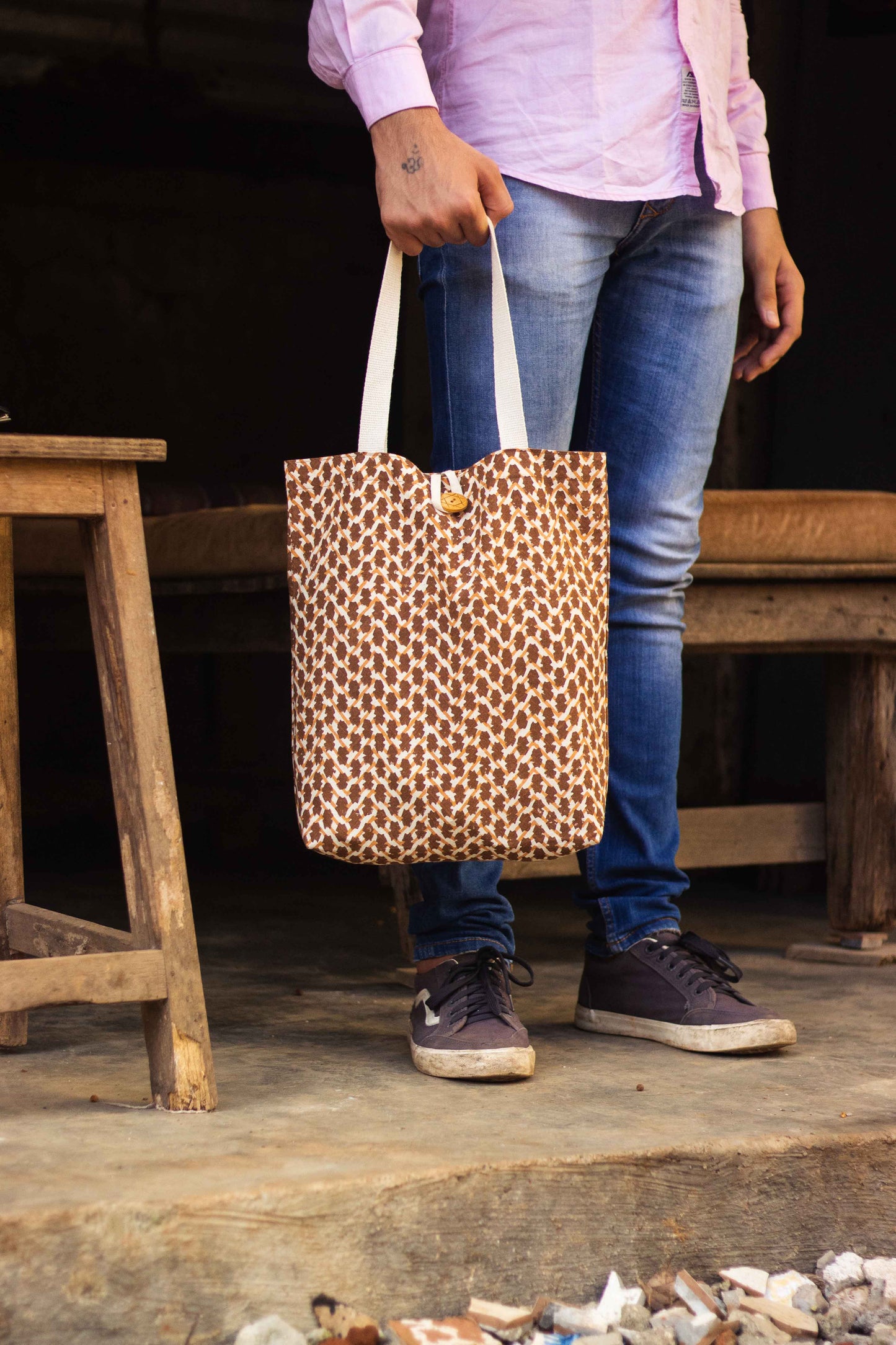 Cotton Shopping Tote Bag · Chevron Beige