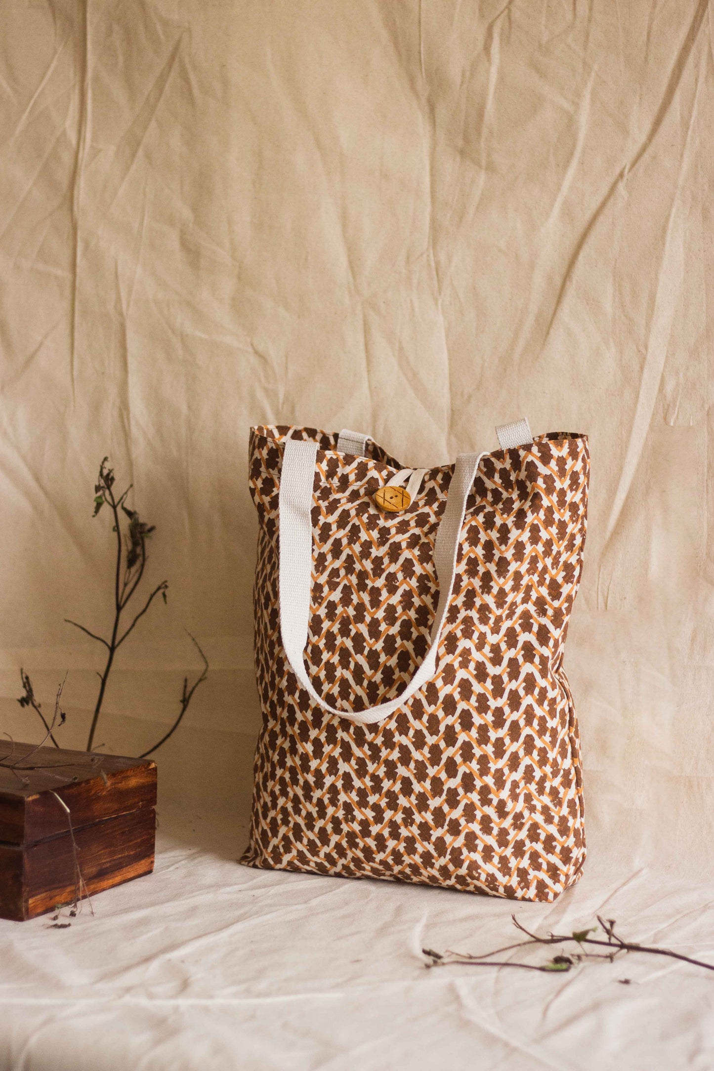 Cotton Shopping Tote Bag · Chevron Beige