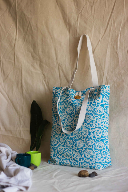 Cotton Shopping Tote Bag · Floral Fun Blue