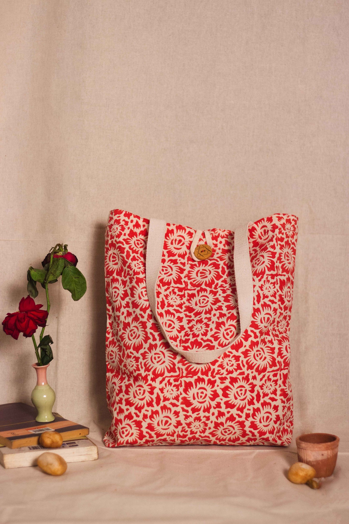 Cotton Shopping Tote Bag · Floral Fun Red