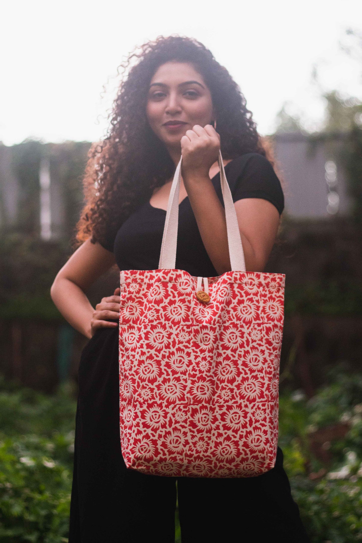 Cotton Shopping Tote Bag · Floral Fun Red