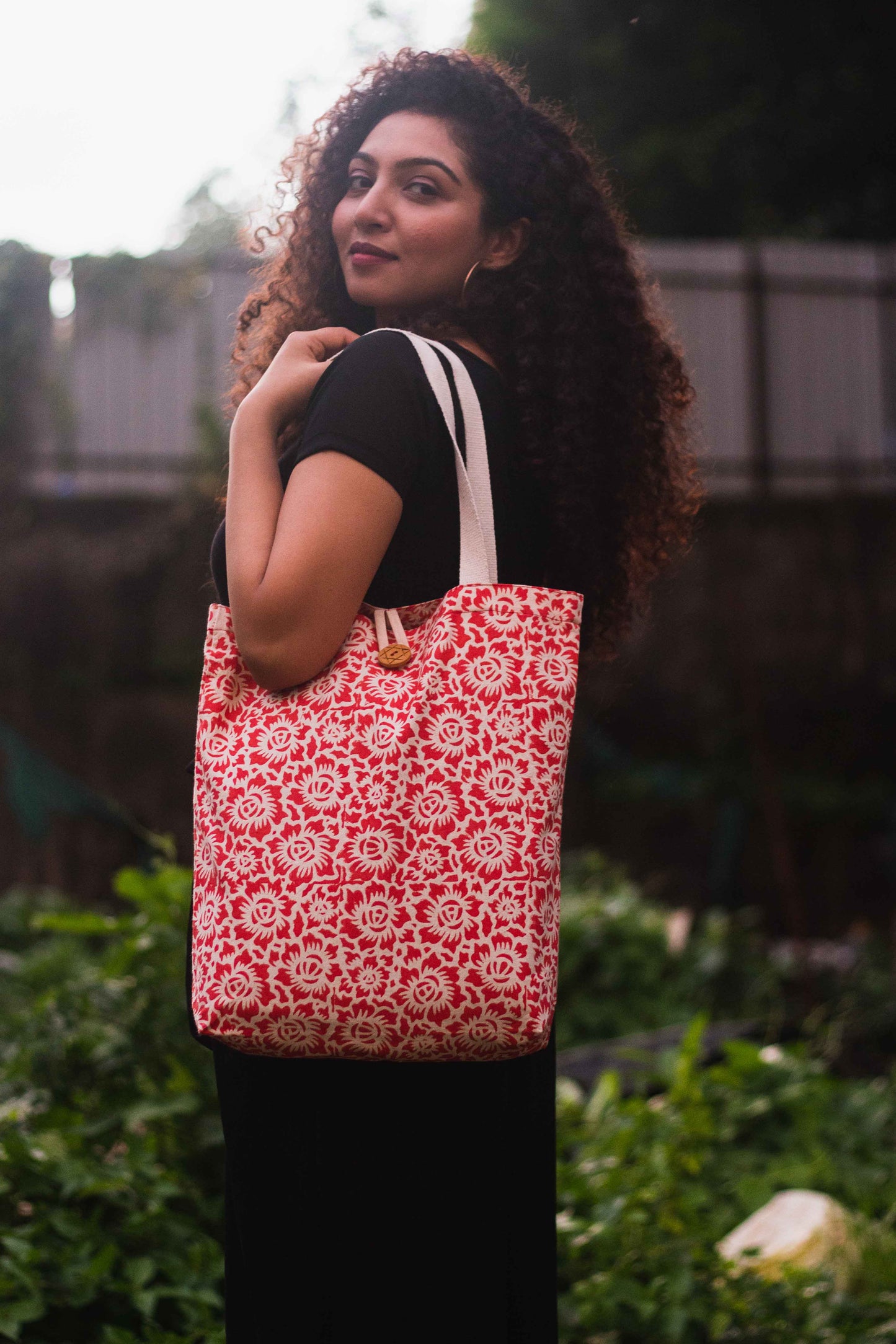 Cotton Shopping Tote Bag · Floral Fun Red