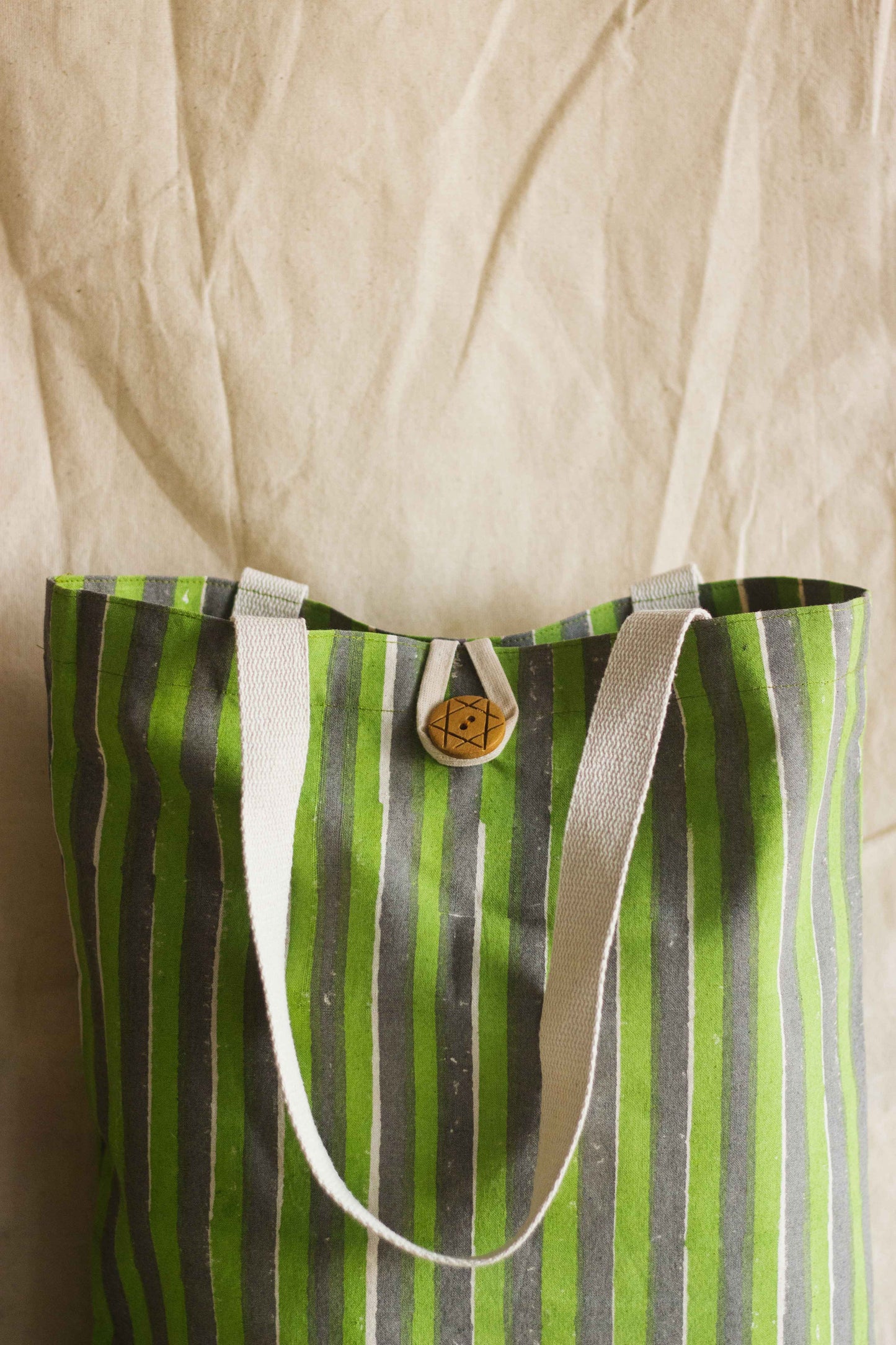 Cotton Shopping Tote Bag · Striped Green and Grey