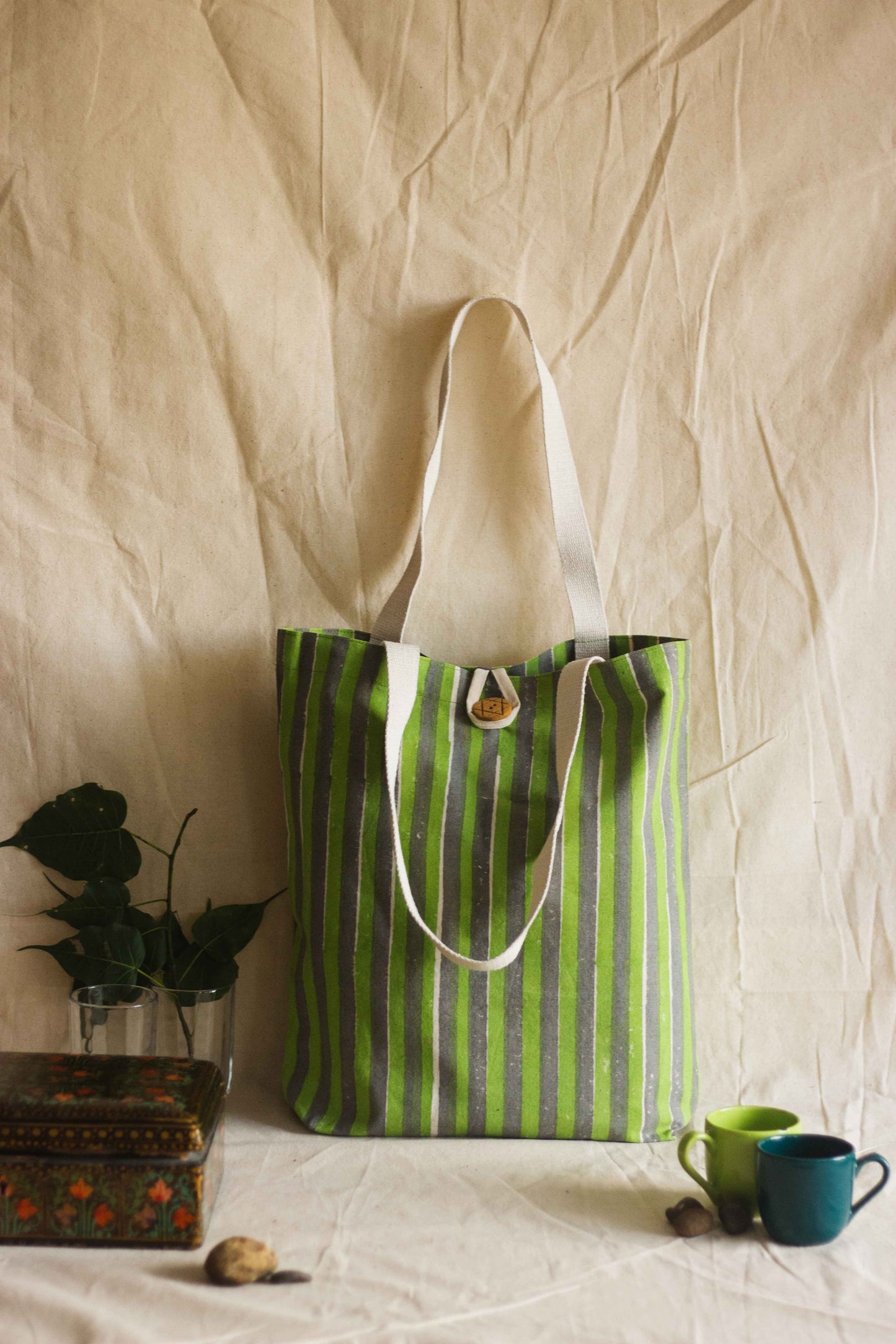 Cotton Shopping Tote Bag · Striped Green and Grey