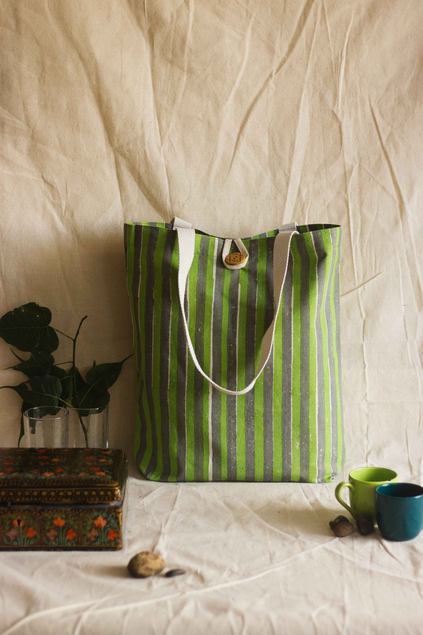 Cotton Shopping Tote Bag · Striped Green and Grey