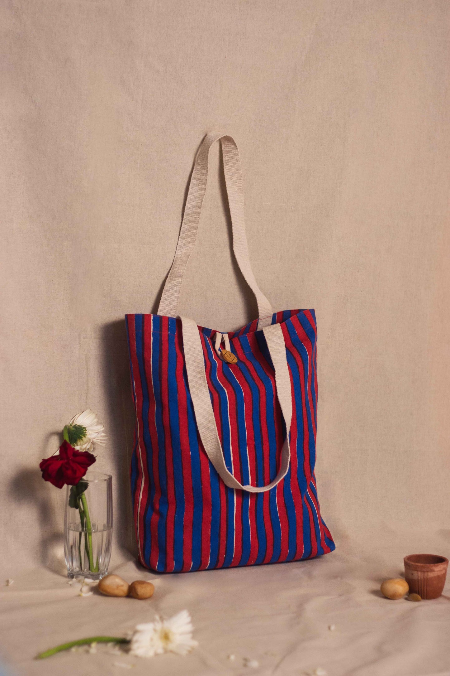 Cotton Shopping Tote Bag · Striped Red and Blue