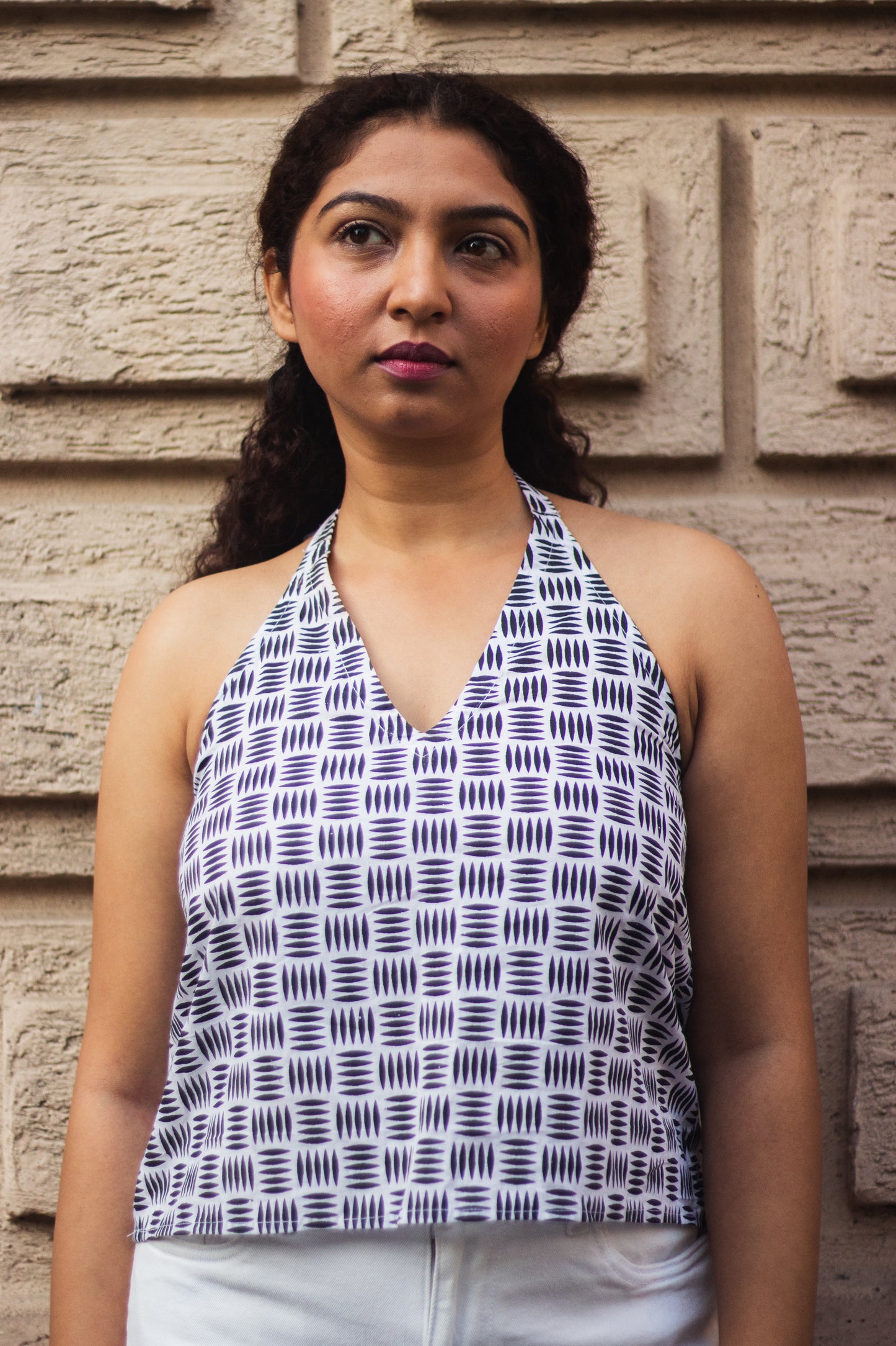 Cotton Crop Top In Screen Print Grid