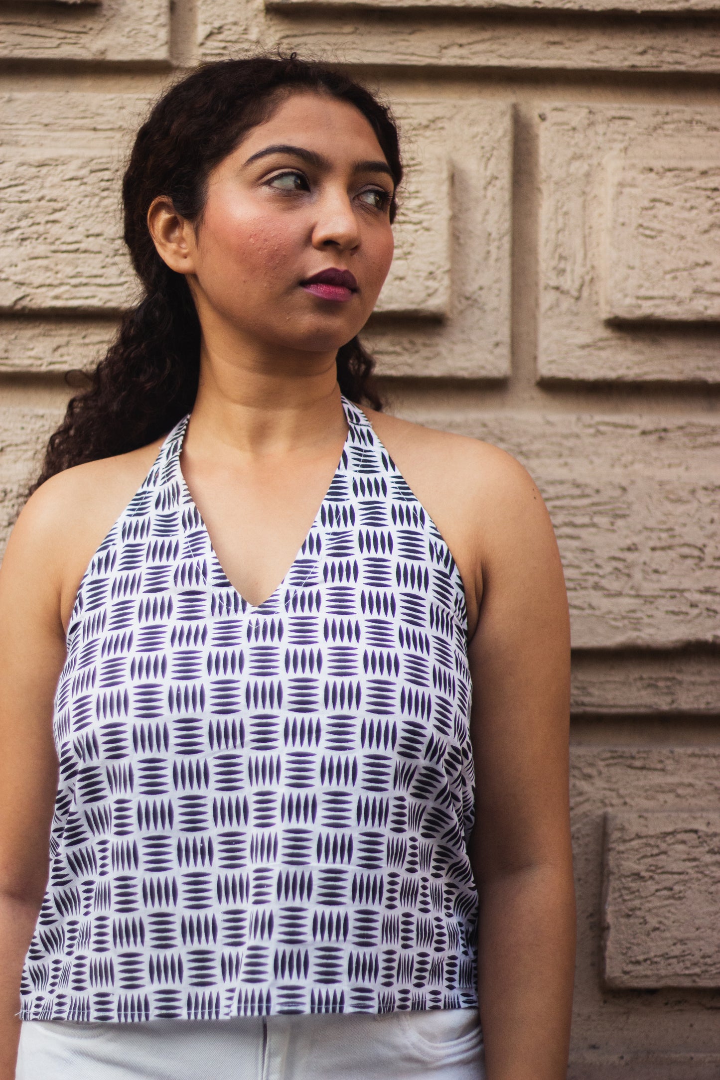Cotton Crop Top In Screen Print Grid