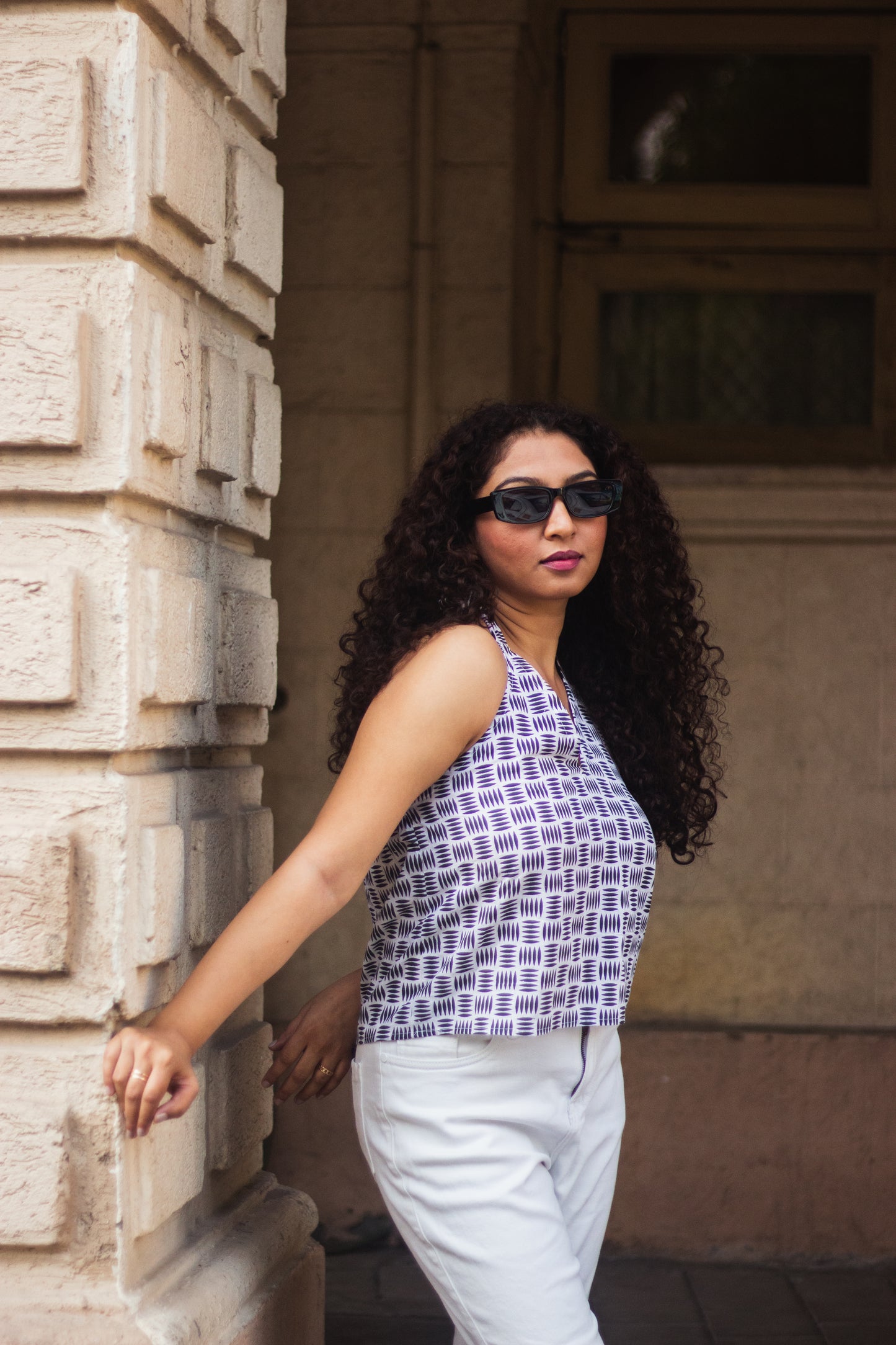 Cotton Crop Top In Screen Print Grid
