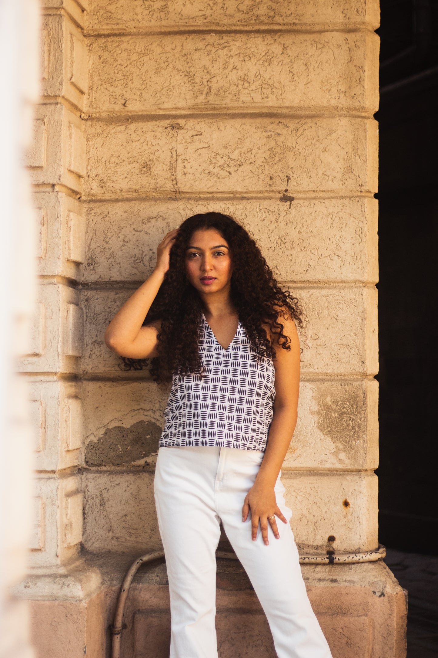 Cotton Crop Top In Screen Print Grid