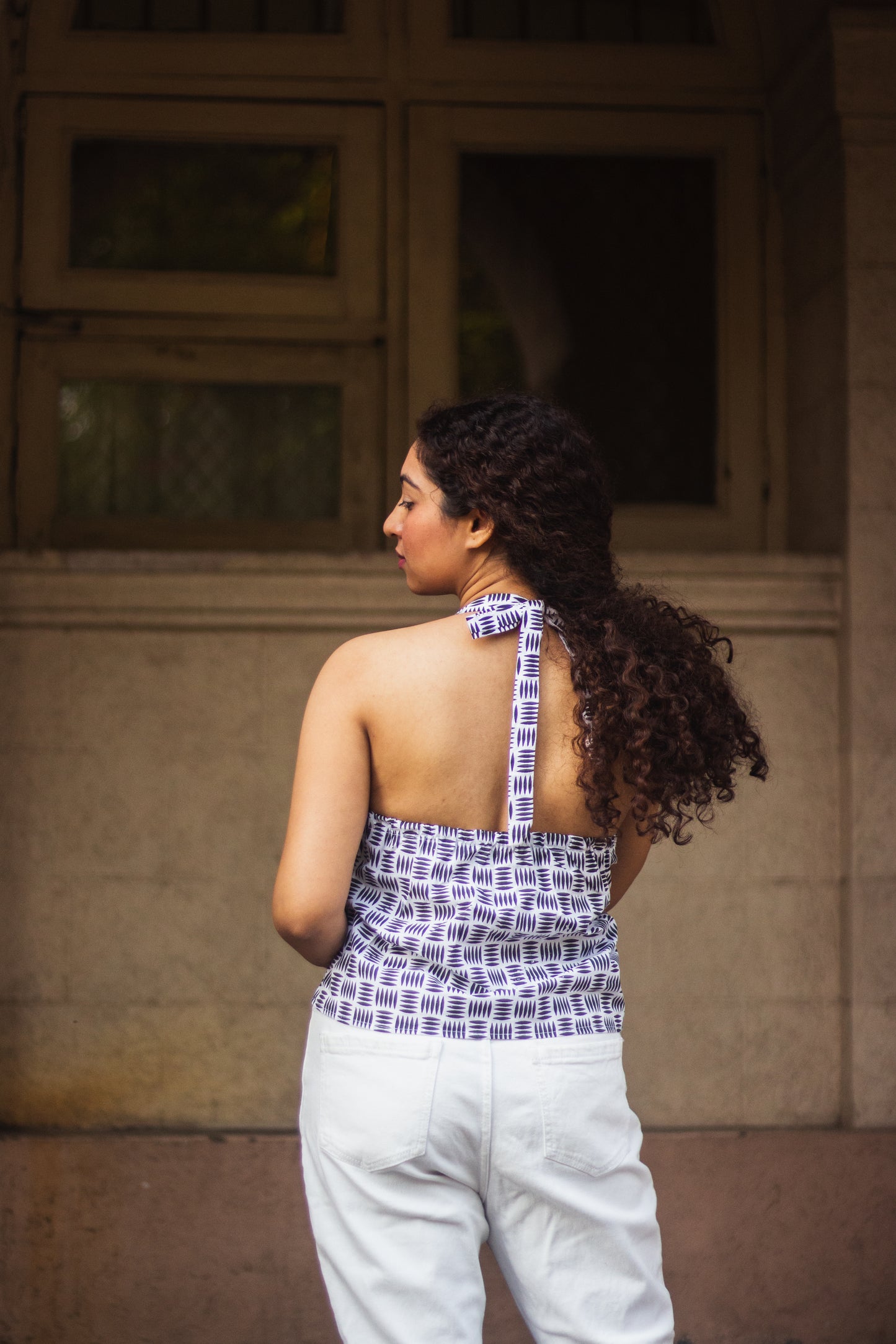 Cotton Crop Top In Screen Print Grid