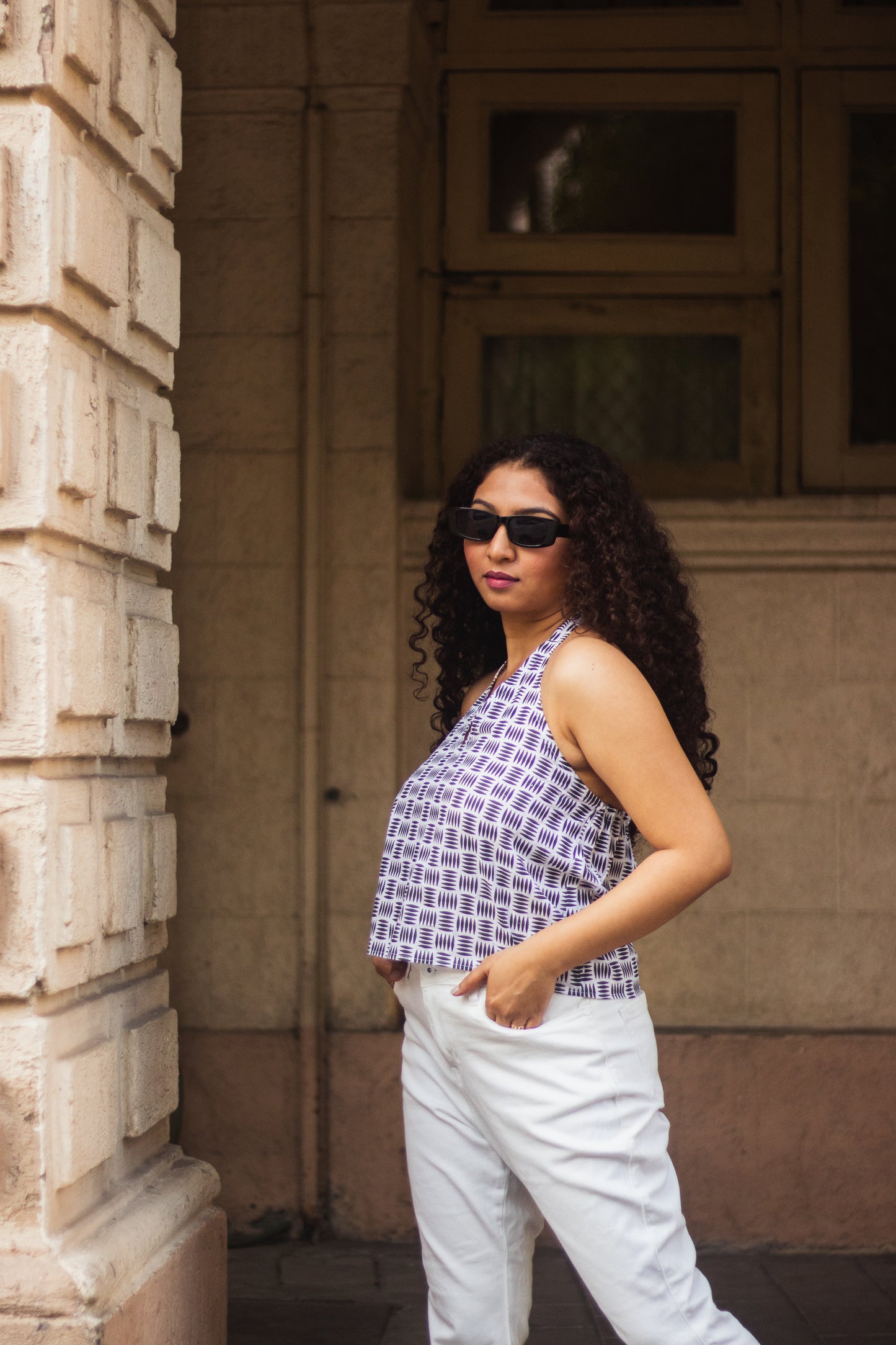 Cotton Crop Top In Screen Print Grid