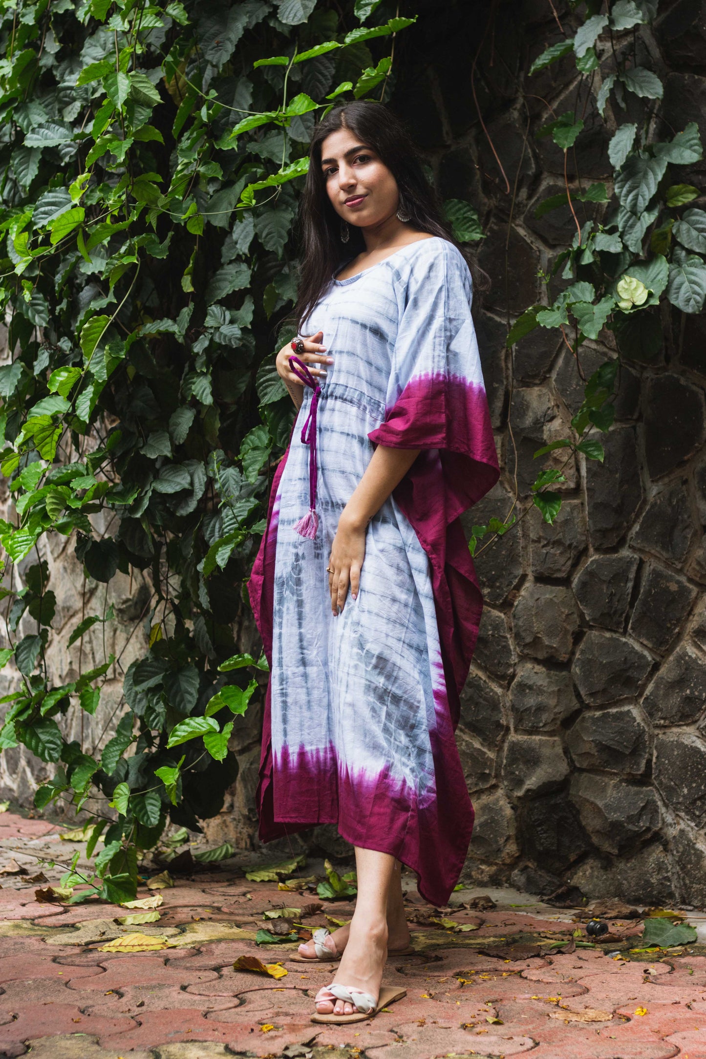 Cotton Mulmul Tie Dye Kaftan Dress · Wine in Steel