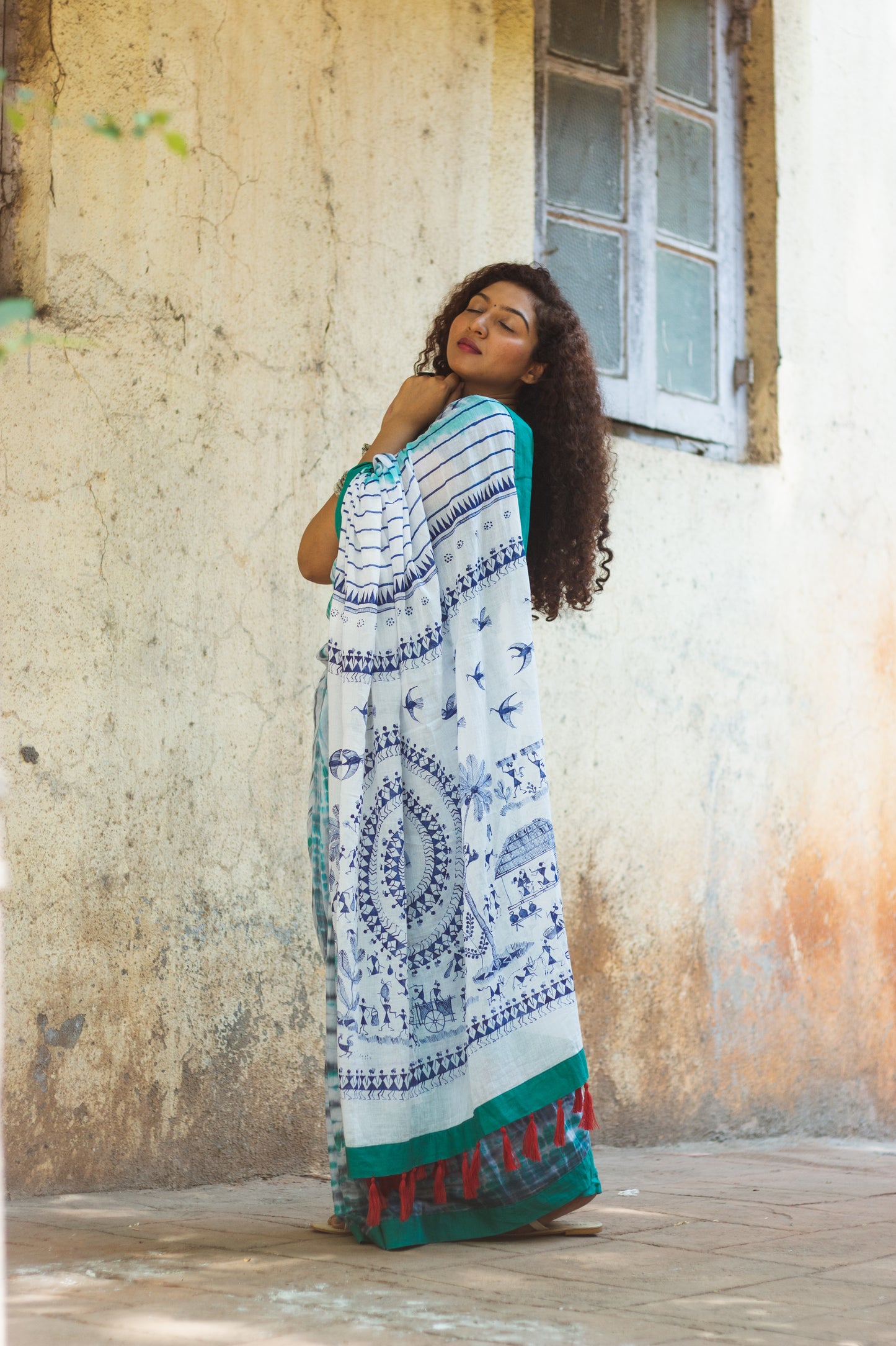 Exclusive Tie Dye Cotton Mul Saree • Handpainted Warli Art (Trees)