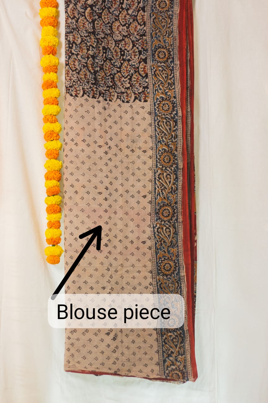 Mul Cotton Block Printed Saree Kalamkari Moonlit Florals