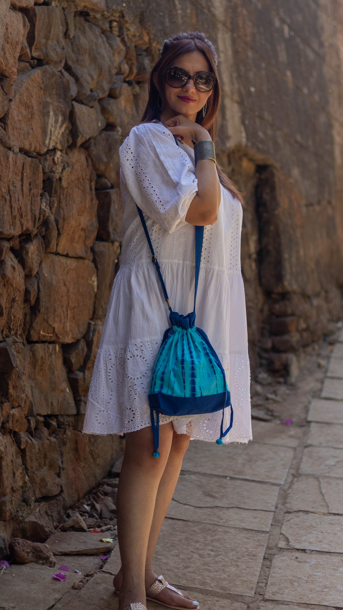 Cotton Drawstring Sling Bag • Vibrant Blue