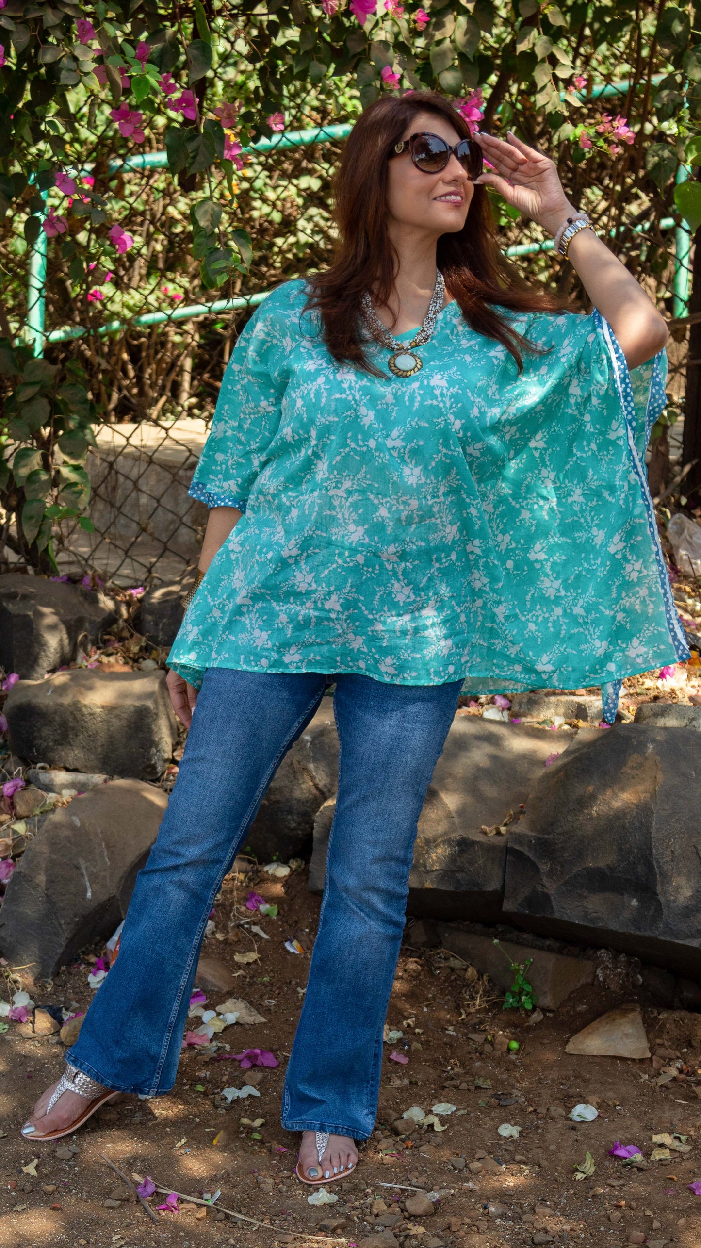 Hand Block Printed and Hand Painted Cotton Mul Kaftan · Teal Jaal