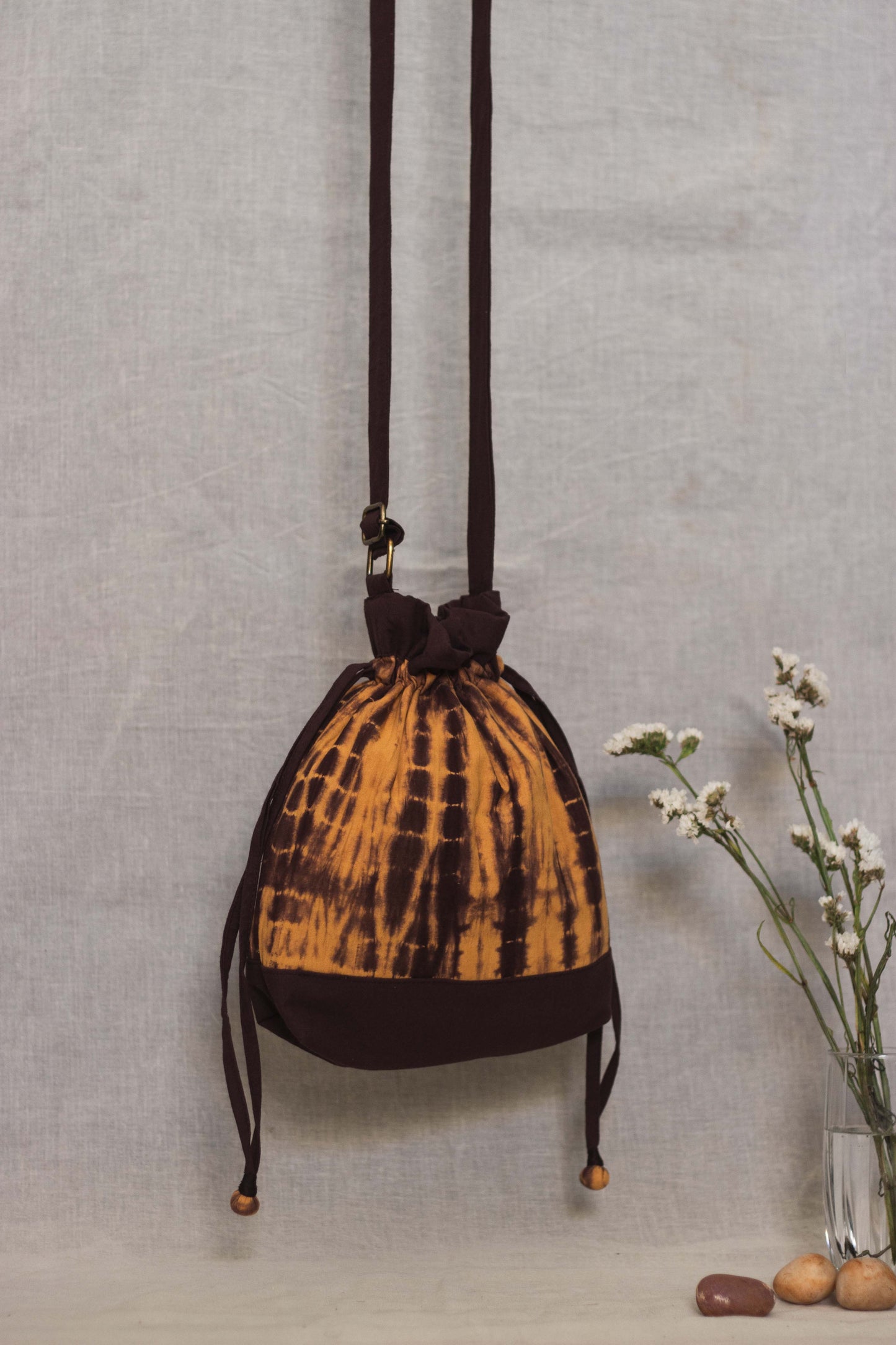 Cotton Drawstring Sling Bag • Coffee and Caramel