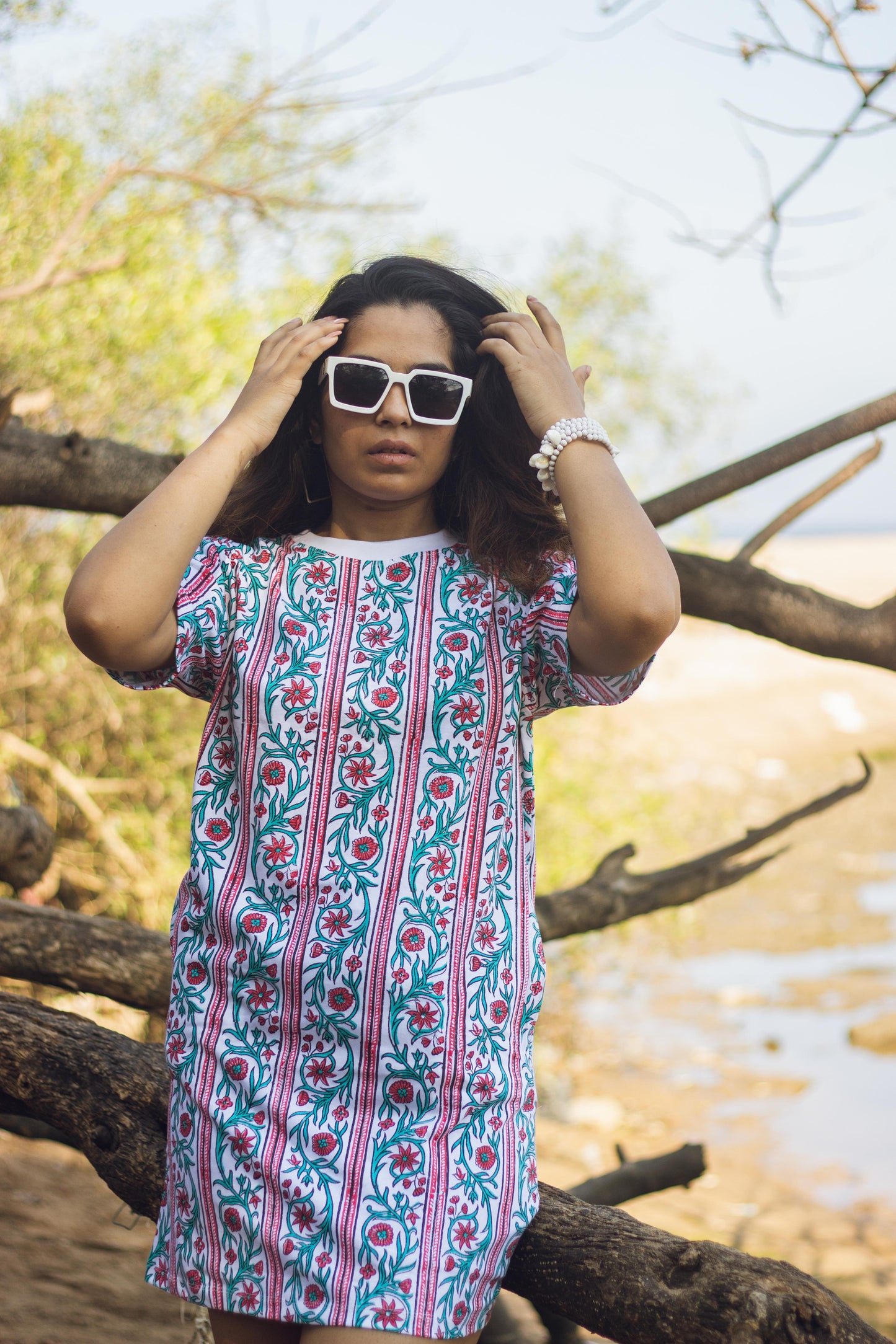 Block Printed T-shirt Dress - Floral Borders