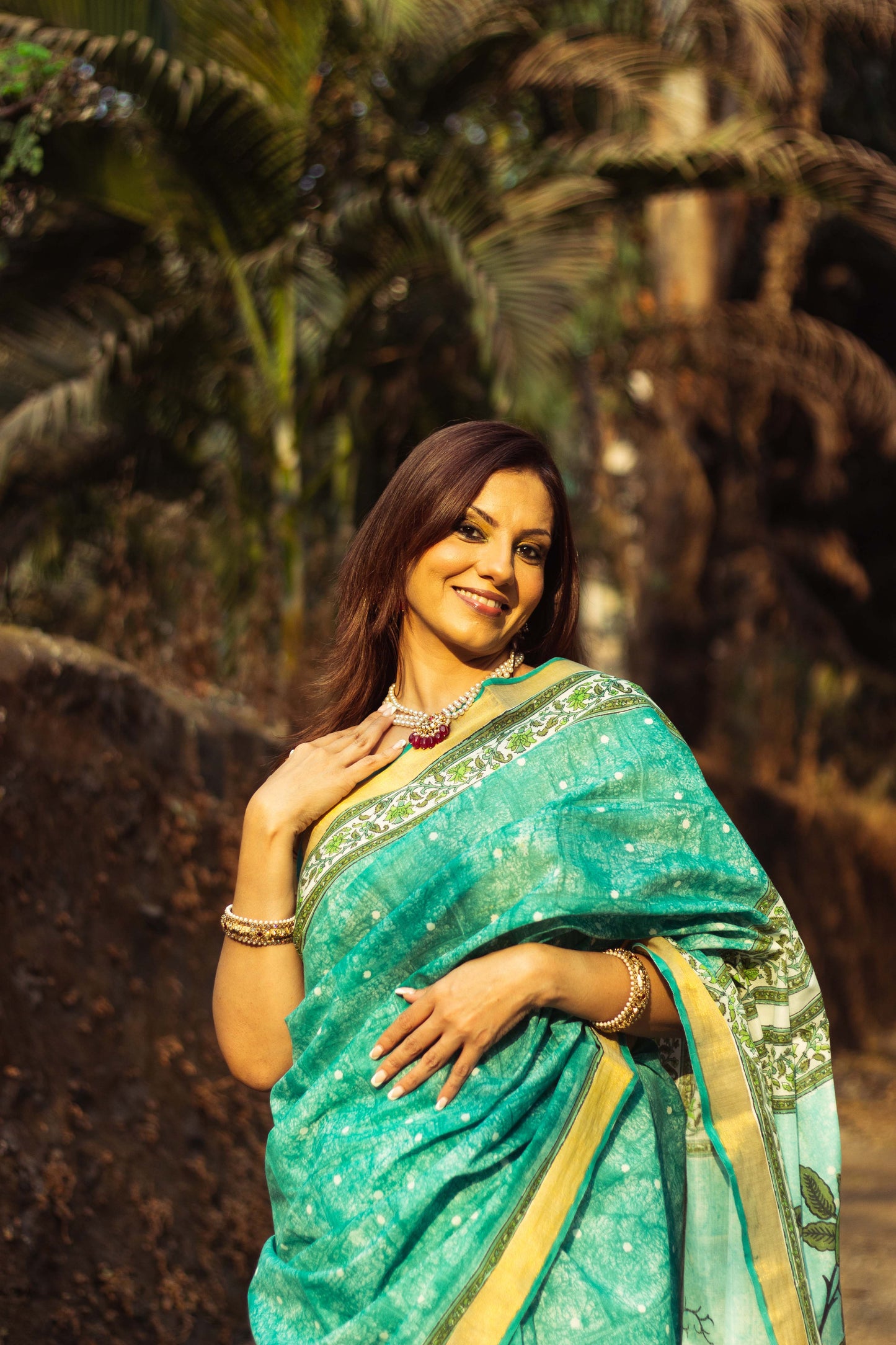 Cotton Kasavu Saree,Tree of Life Design •  Sea Green