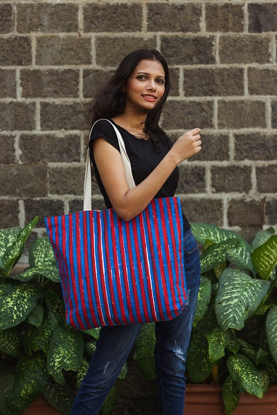 Cotton Daily Tote With Lining · Striped Red and Blue