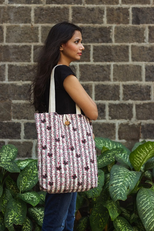 Cotton Shopping Tote Bag · Flowers With Stripes Red