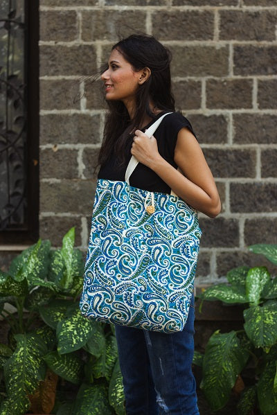 Cotton Shopping Tote Bag · Paisley Delight Blue