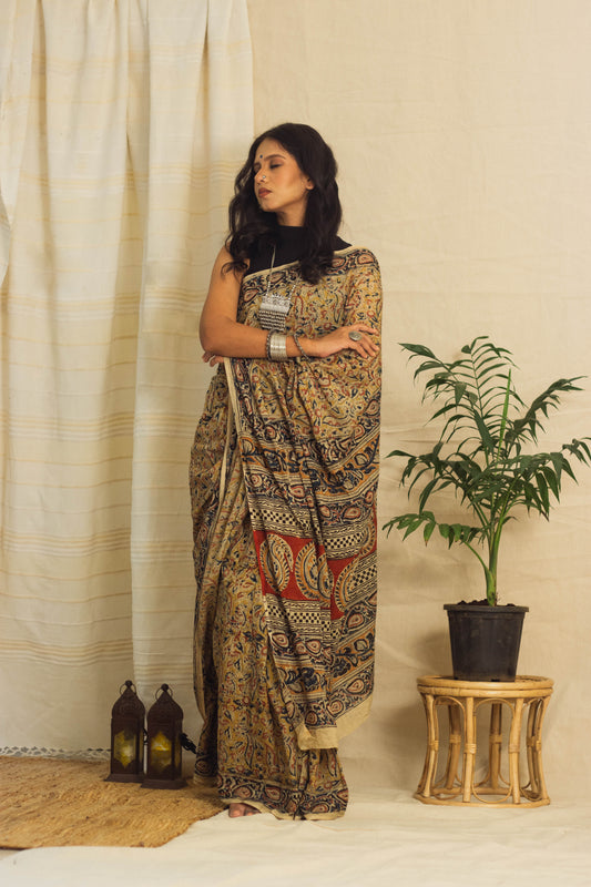Mul Cotton Block Printed Saree • Kalamkari Yellow Peacock