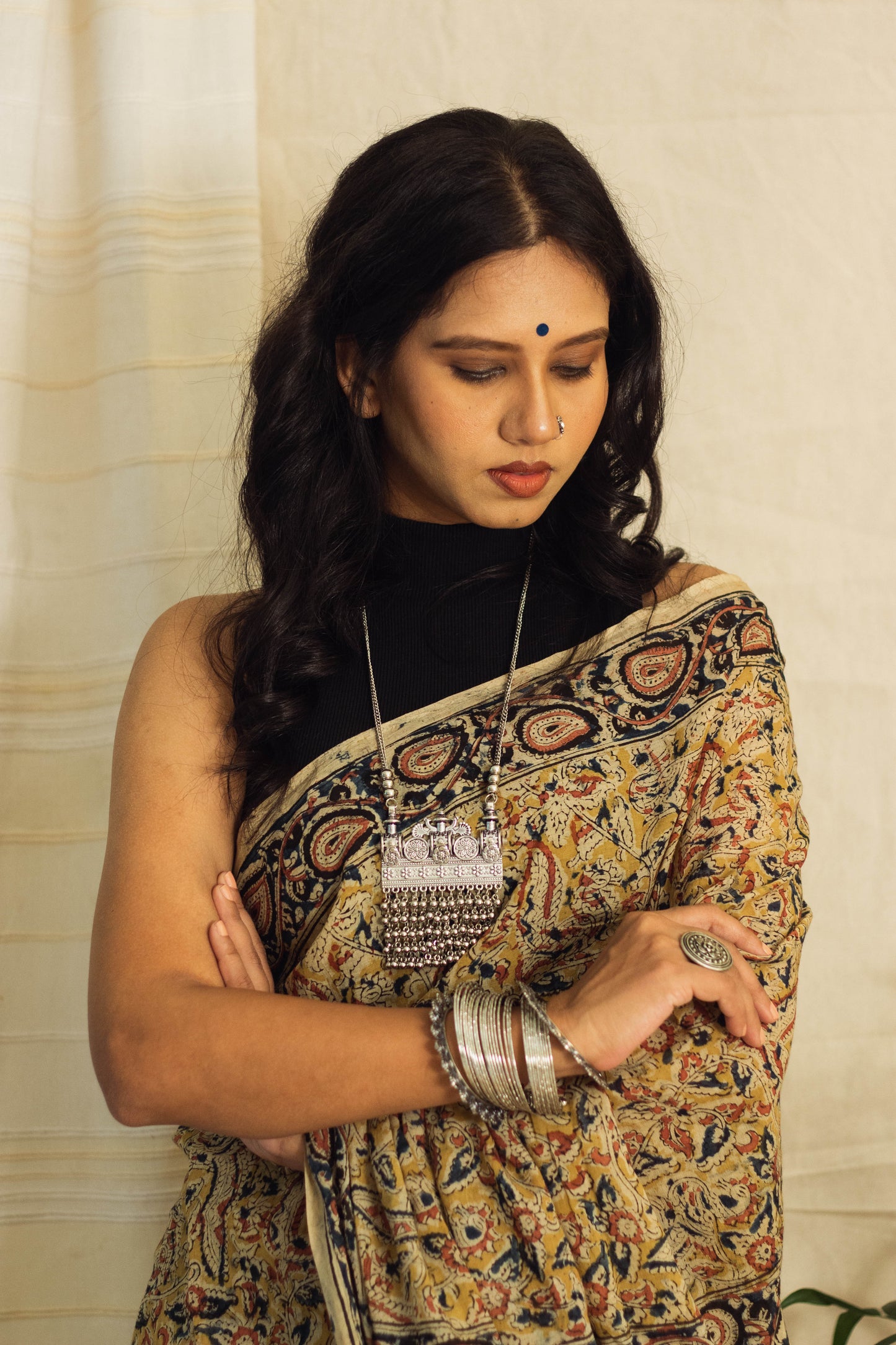 Mul Cotton Block Printed Saree • Kalamkari Yellow Peacock