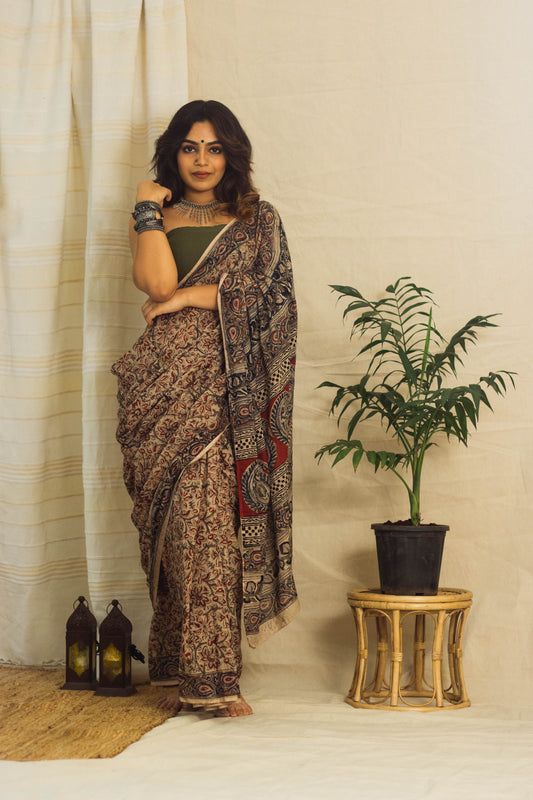 Mul Cotton Block Printed Saree • Kalamkari Beige Jaal