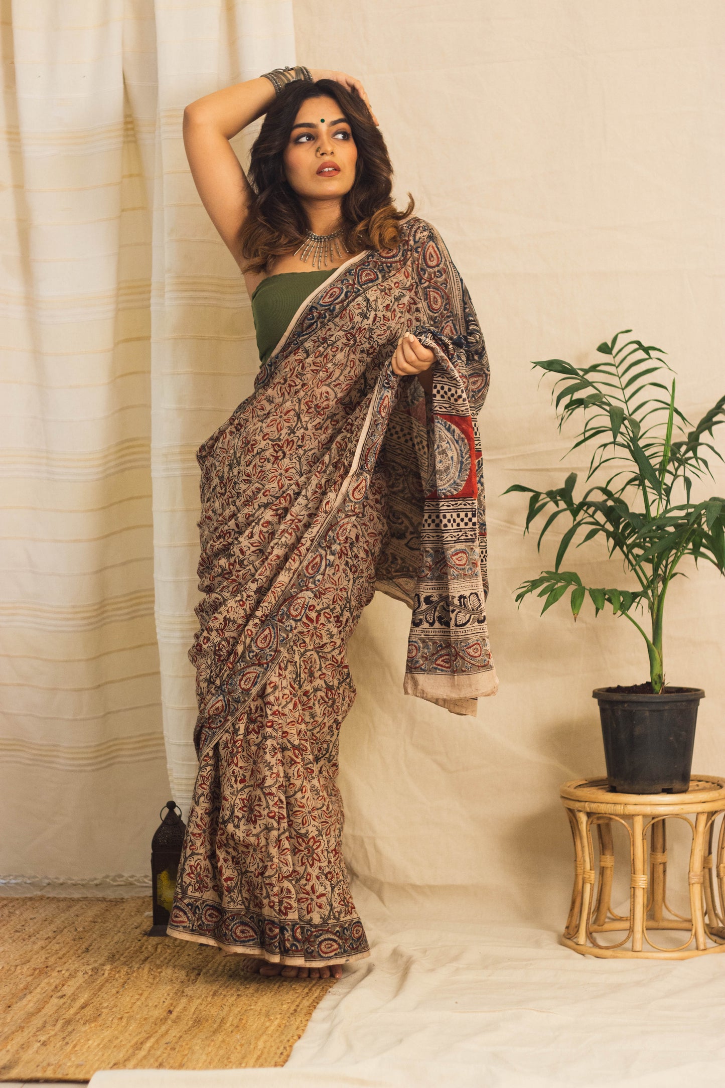 Mul Cotton Block Printed Saree • Kalamkari Beige Jaal