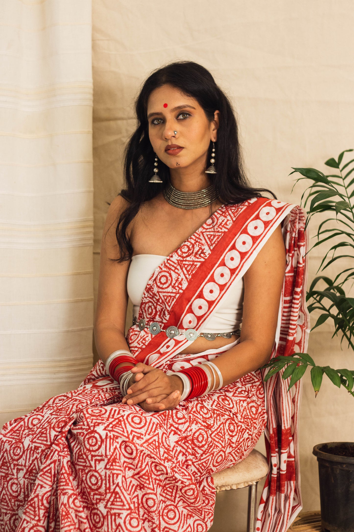 Mul Cotton Block Printed Saree • Geometry Box Red