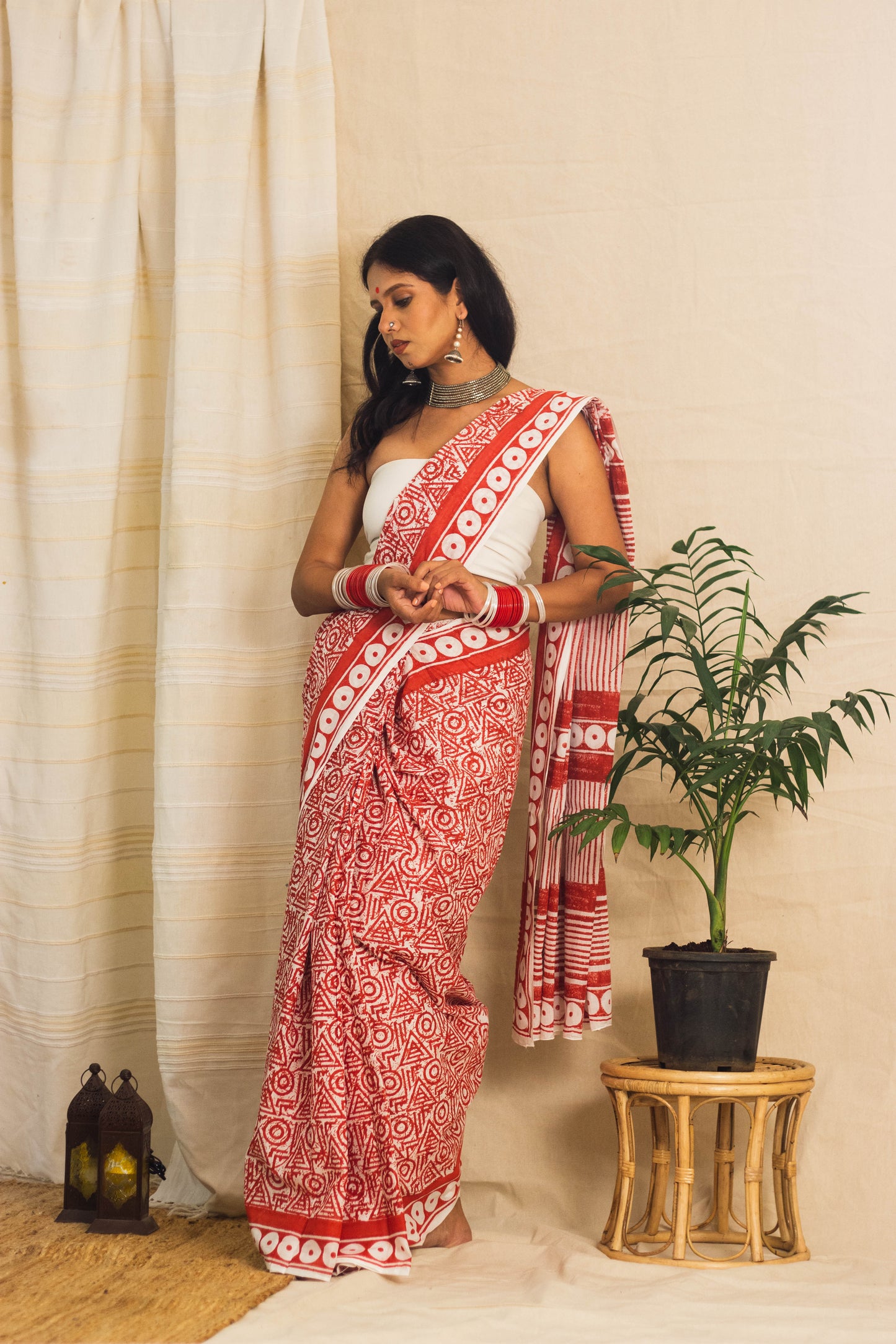 Mul Cotton Block Printed Saree • Geometry Box Red