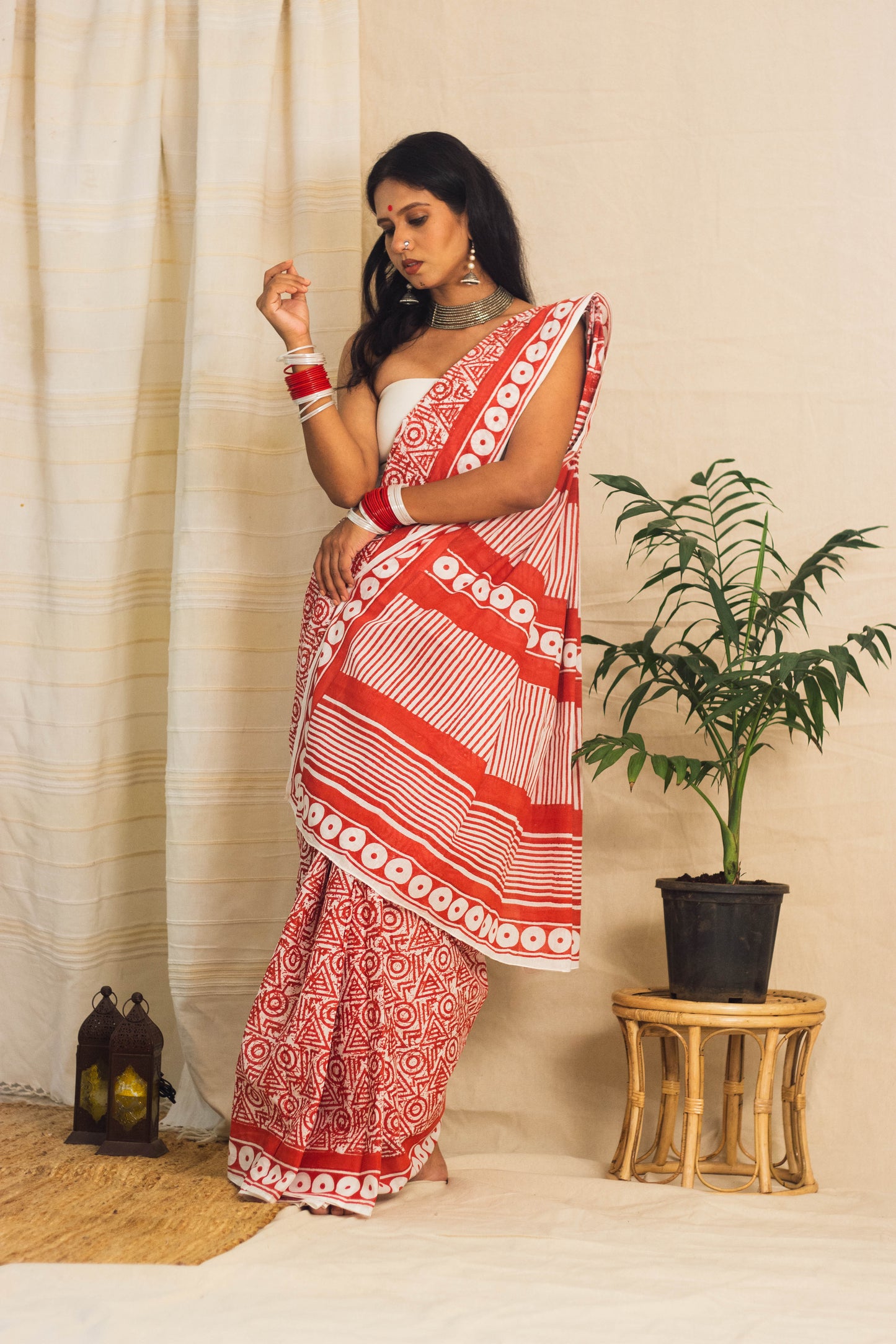 Mul Cotton Block Printed Saree • Geometry Box Red