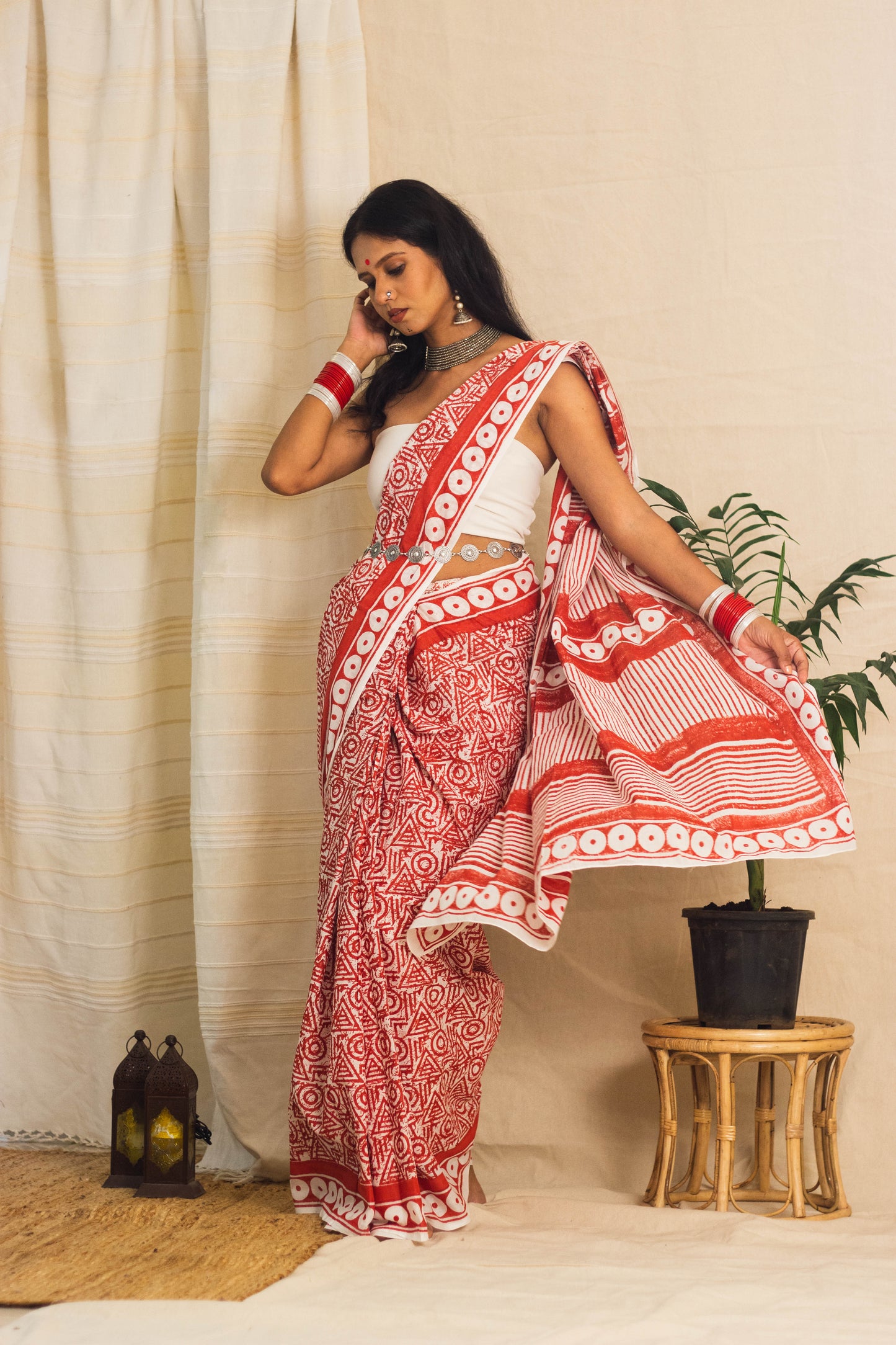 Mul Cotton Block Printed Saree • Geometry Box Red