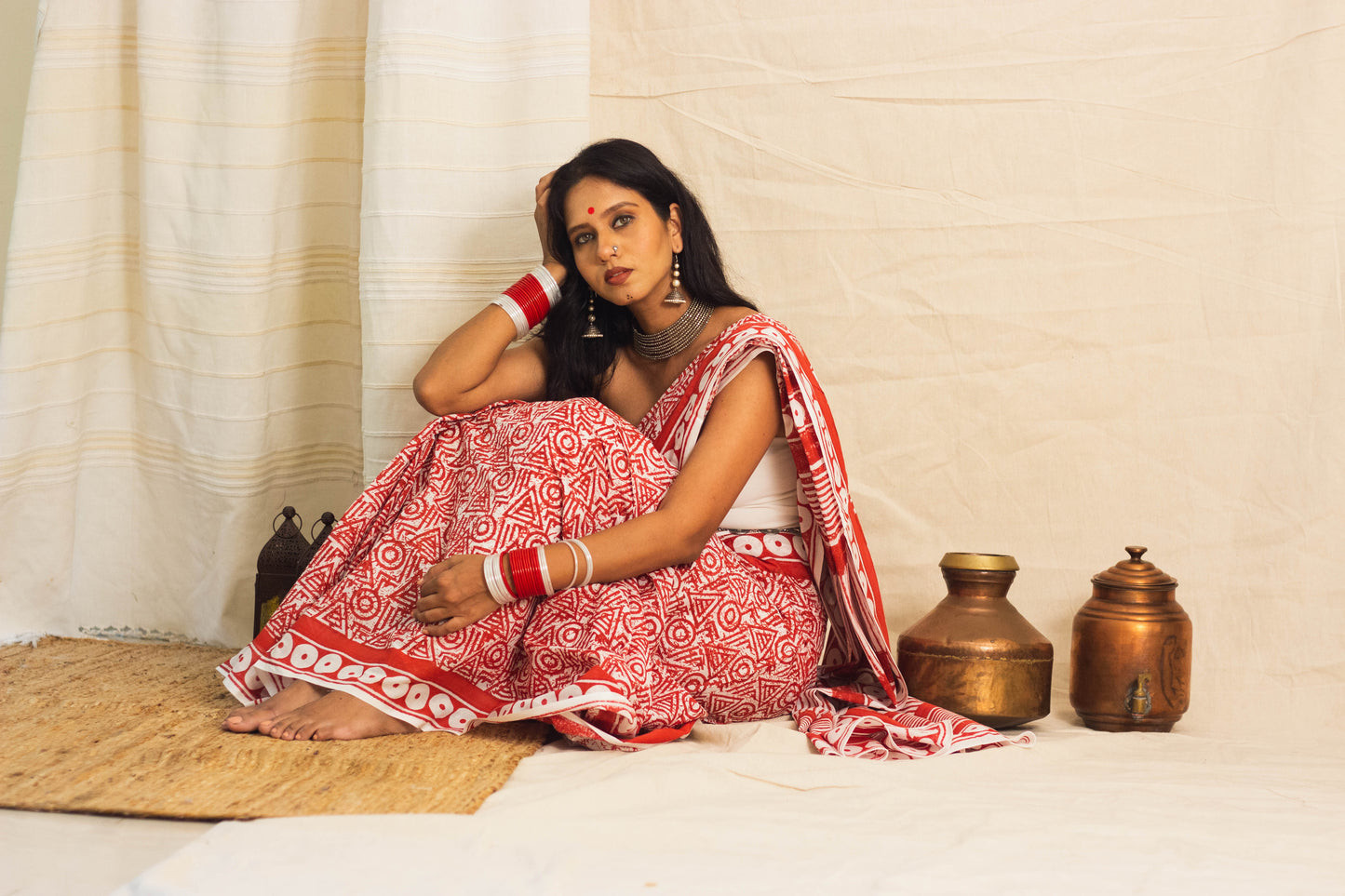 Mul Cotton Block Printed Saree • Geometry Box Red